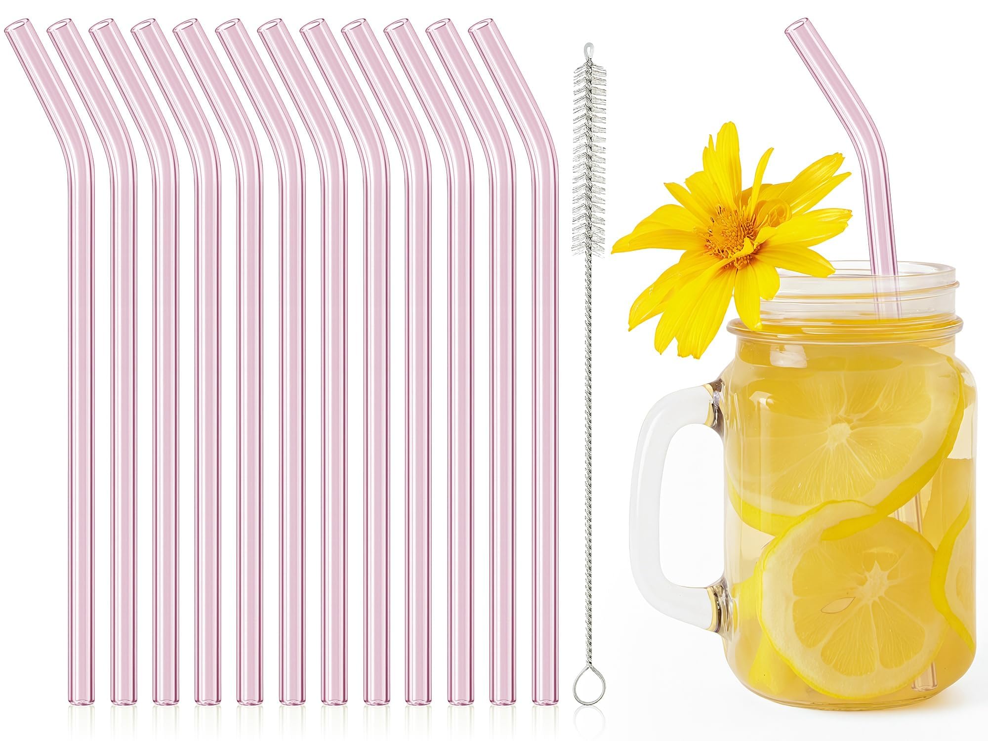 Photo 1 of 12 Pcs Reusable Bent Glass Drinking Straws,8"x 8 mm Light Pink Short Glass Drinking Straws with Cleaning Brush,Shatter Resistant for Tea, Smoothies, Milkshakes, Juices,Beverages(Light Pink)