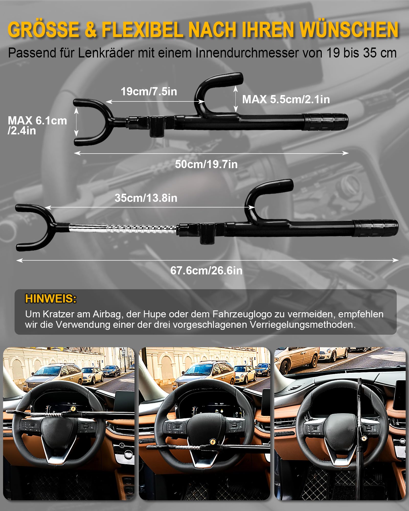 Tevlaphee Lenkradschloss, Auto-Sicherheits-Schloss, Hochwertige Diebstahlsicherung, Hohe Sichtbarkeit, Universelle Passform für Pkw, SUVs & Transporter, Verstellbar, 3 Schlüssel(Schwarz)