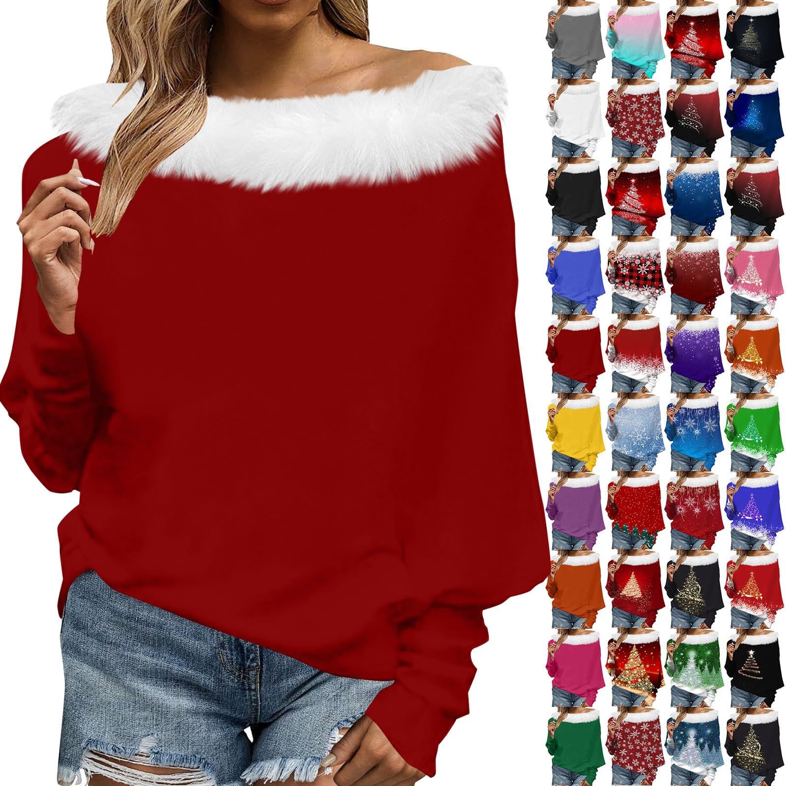 Women's Christmas Jumper: Christmas Shirt Women's Red Sexy One-Shoulder Xmas Pullover Elegant Long Sleeve Christmas Jumper Christmas Jumper Christmas Sweat Tops for Women Teenager Girls, Zz-Red, L