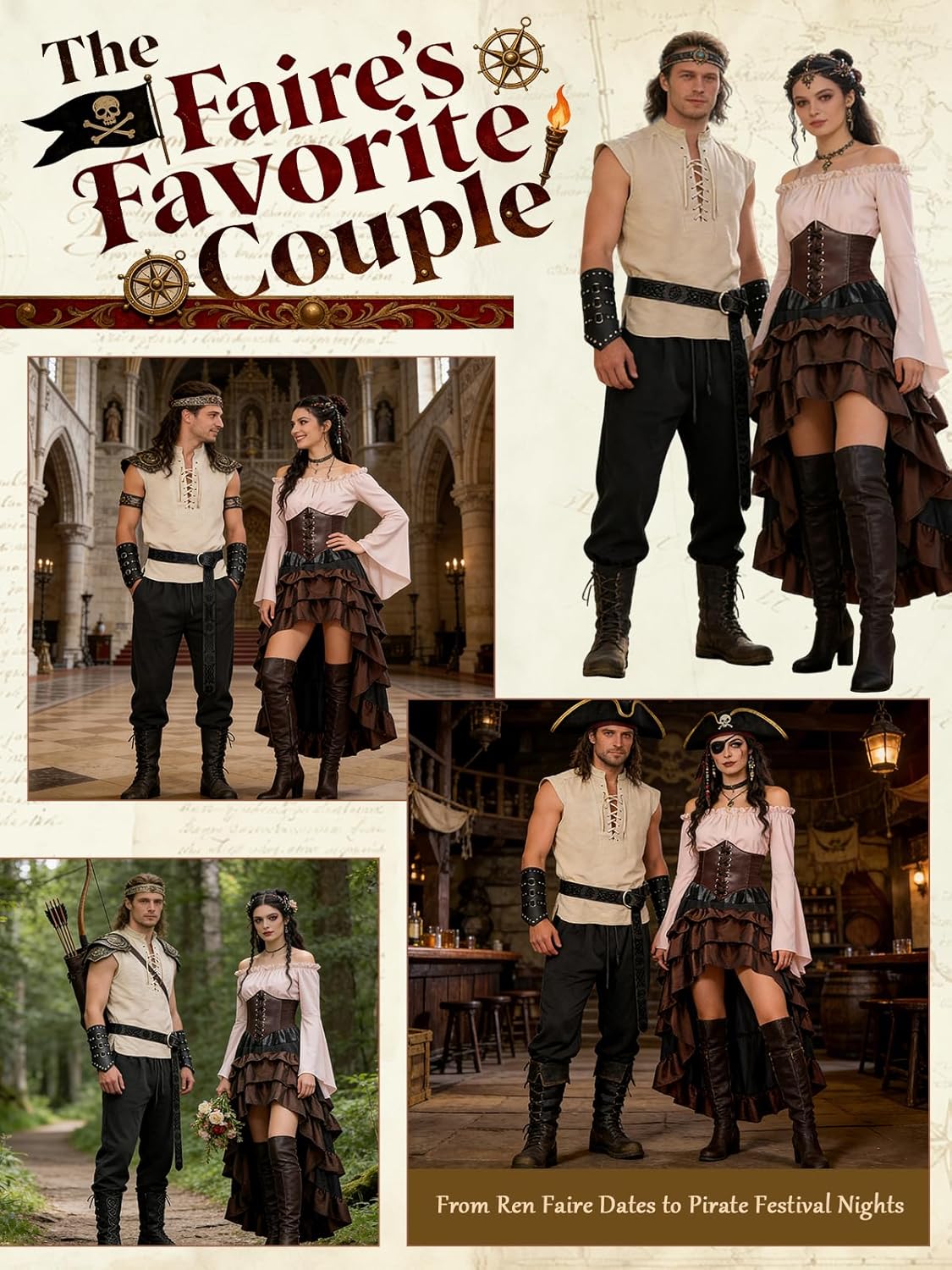 Verceco Men’s Renaissance Costume 4PCS – Medieval Lace-Up Shirt, Ankle Pants, Belt & Leather Bracers for LARP Cosplay