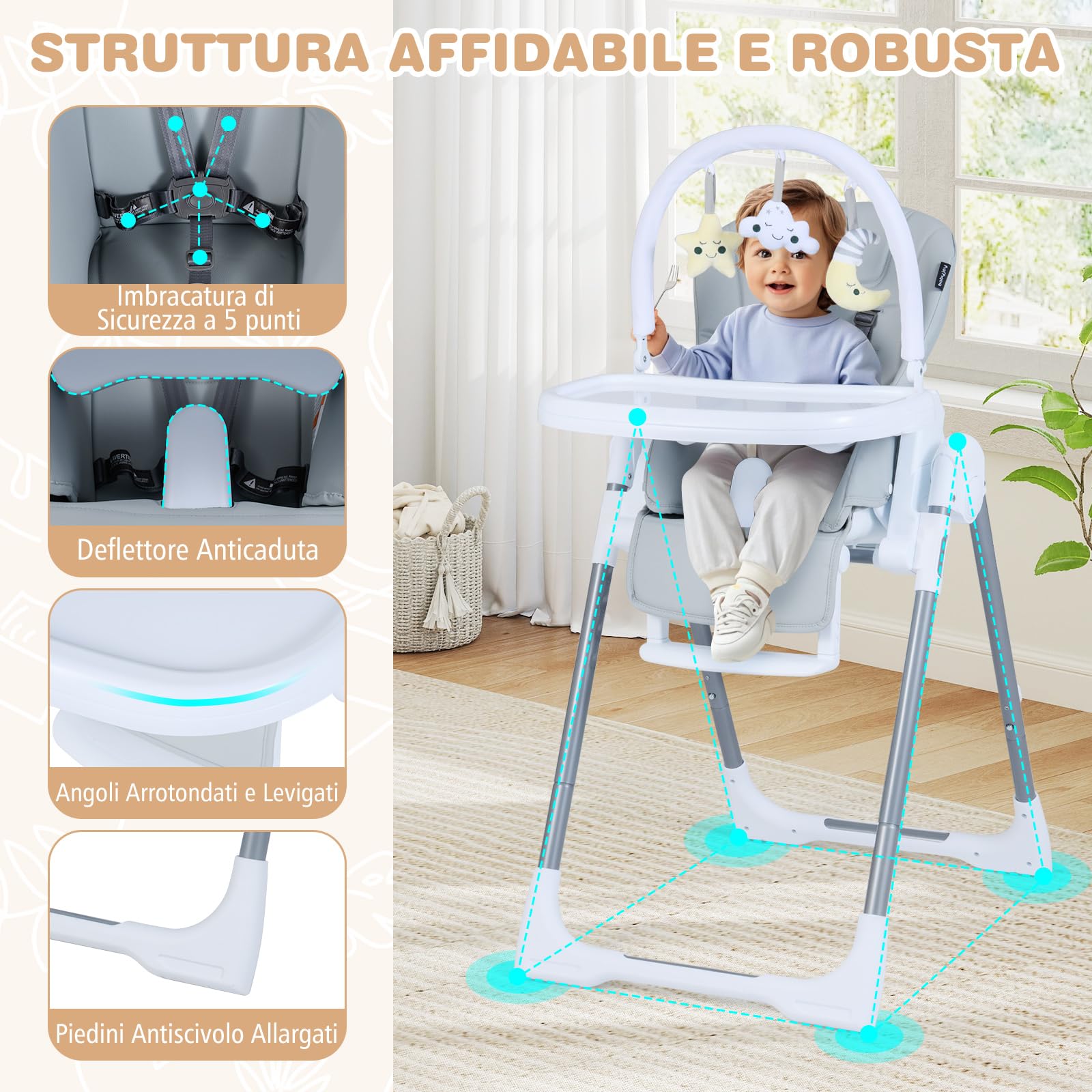 COSTWAY Seggiolone Pappa Portatile, con Altezza Regolabile, Schienale Reclinabile e Vassoio Rimovibile, Seggiolone Evolutivo Pieghevole con Cintura e 2 Ruote, per Bambini 6-36 Mesi (Grigio Chiaro)