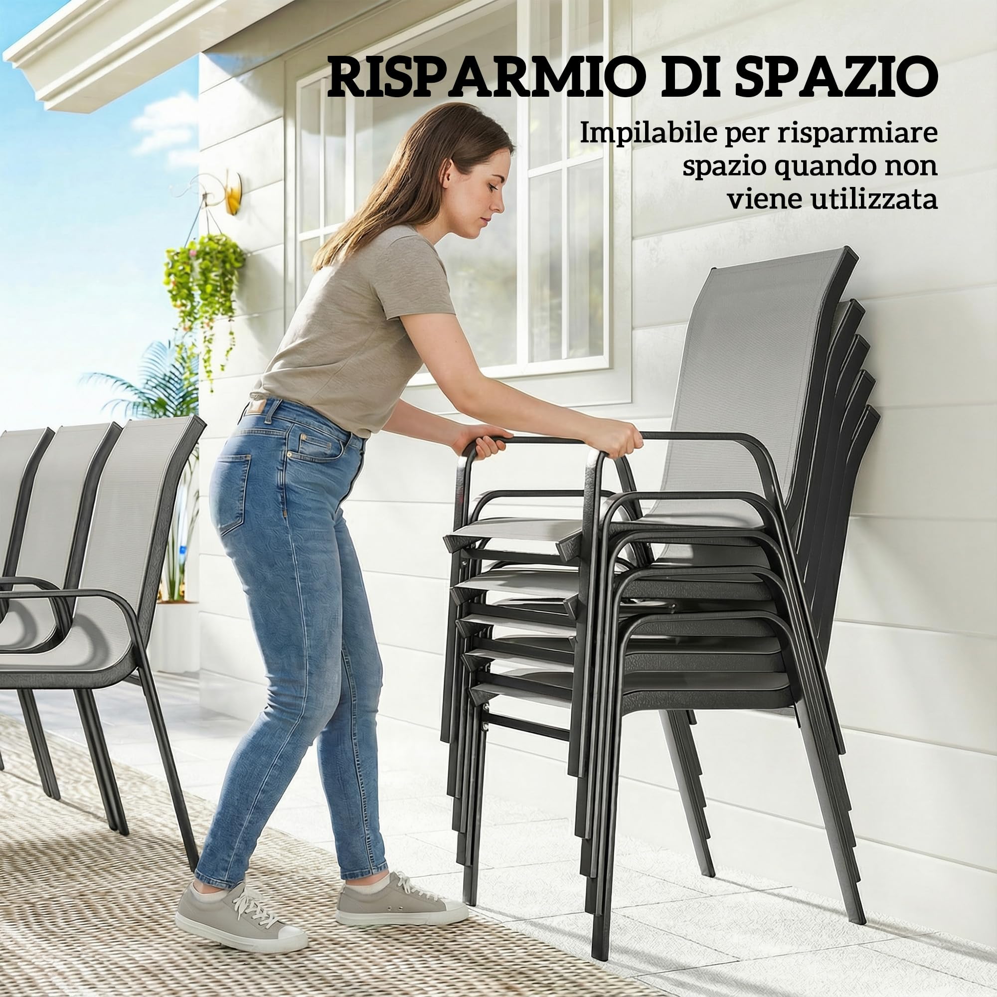 Outsunny Set Tavolo e Sedie da Giardino 9 Pezzi, Set Pranzo Esterno con Tavolo in Vetro Temperato, 8 Sedie Impilabili in Texteline, Set Mobili da Giardino per Terrazza Balcone Patio, Grigio Chiaro