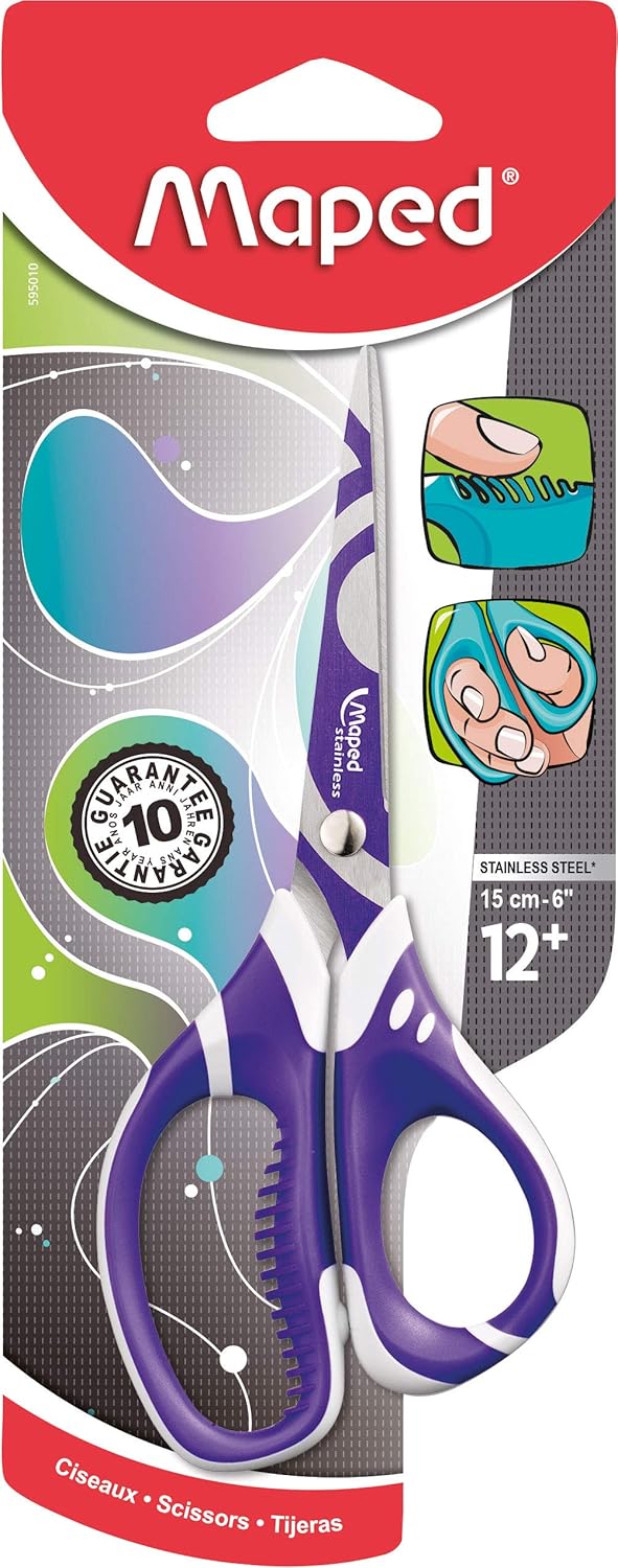 Maped Zenoa Sensitiv Scissors with Asymmetrical Soft Handles, 6 Inches, Assorted Colors (595010)