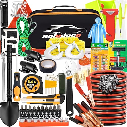 AUTODECO 82Pcs Car Roadside Emergency Kit with Jumper Cable - Automotive Safety Kit with Shovel