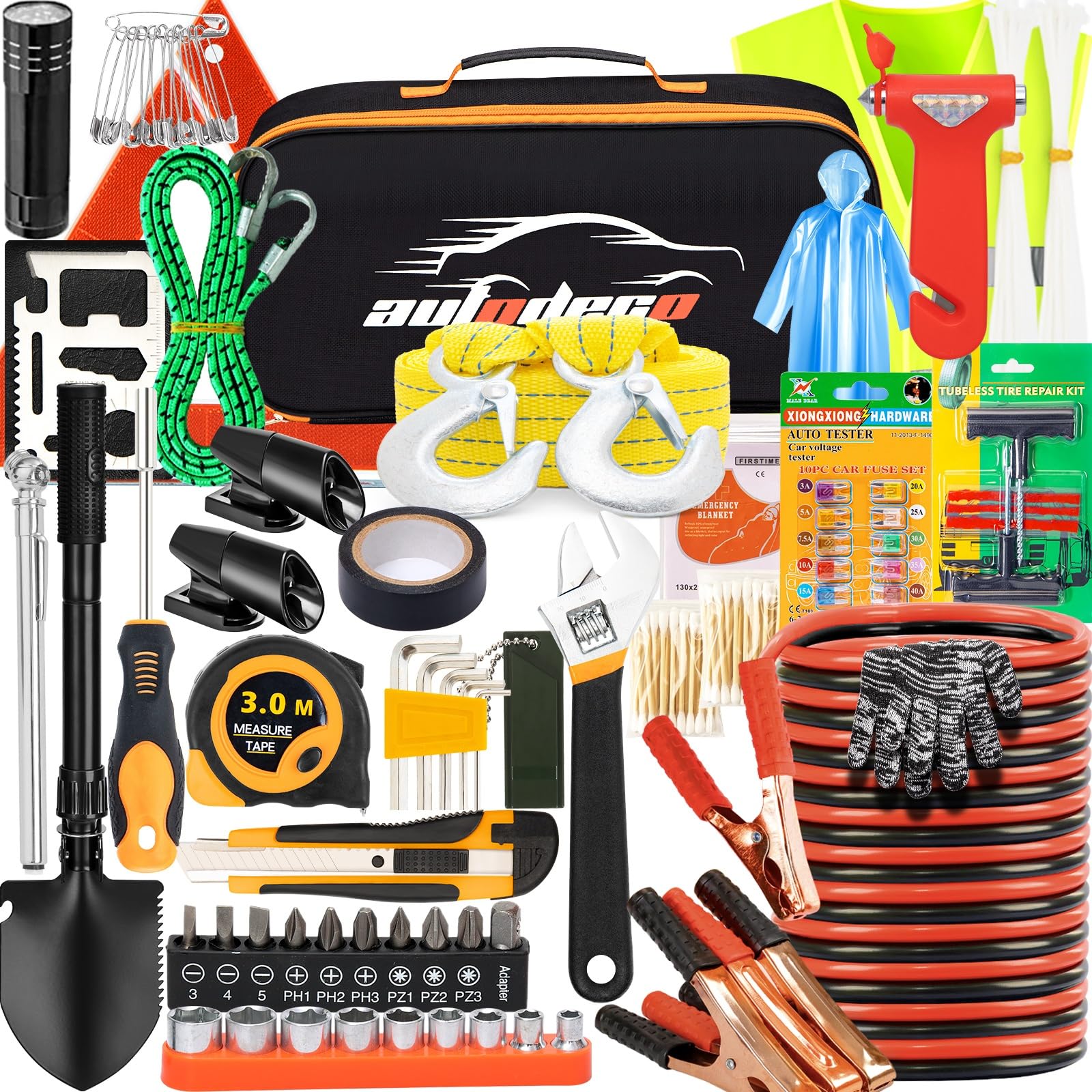 AUTODECO 82Pcs Car Roadside Emergency Kit with Jumper Cable - Automotive Safety Kit with Shovel