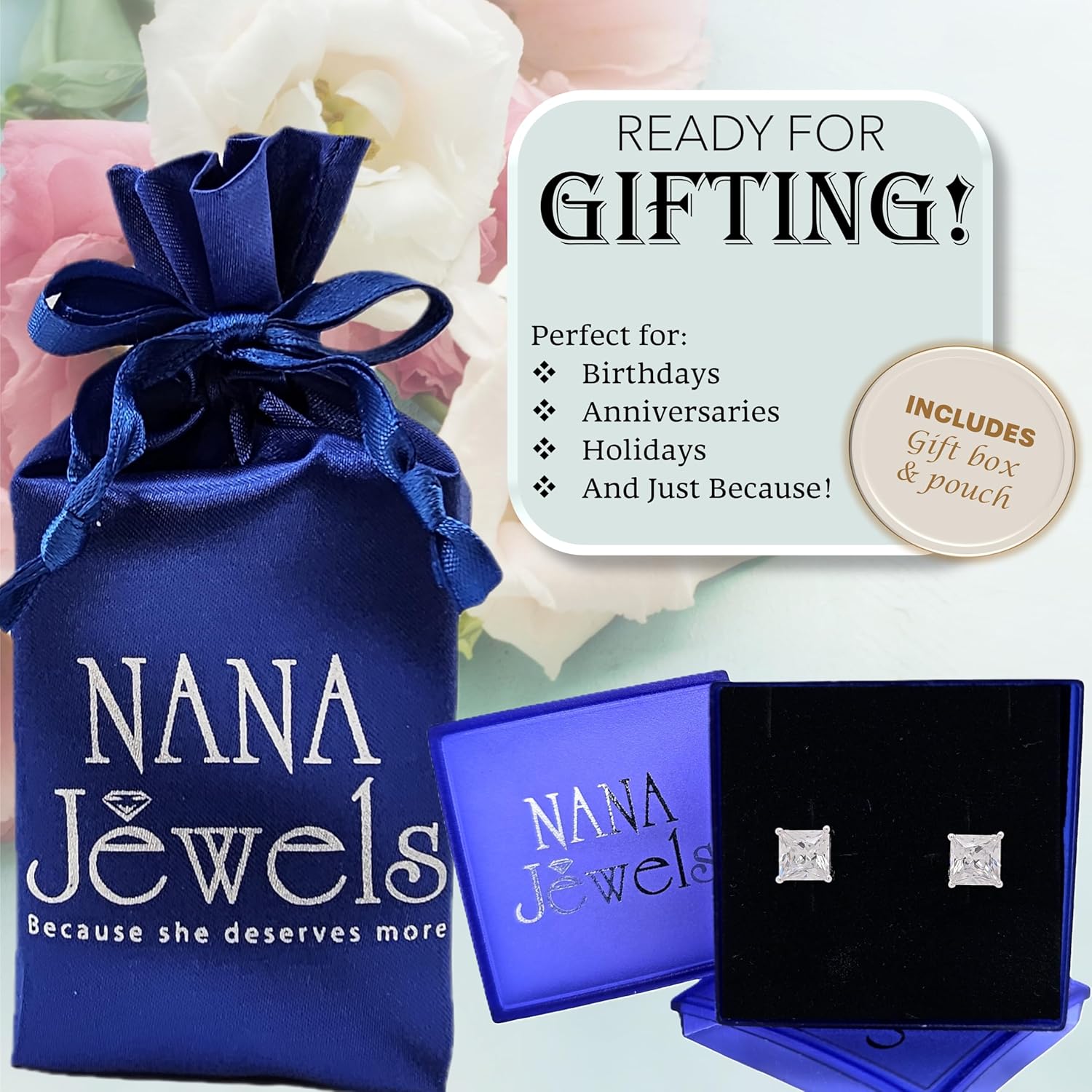 NANA Jewels Princess Cut Simulated Diamond Stud Earrings Silver & CZ 1.50ct - 4.00ct Hypoallergenic