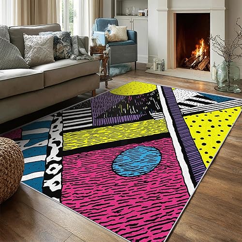 Miniatura 56 de Alfombra retro de los años 70, alfombras de área de 6 x 8 pies, patrón geométrico moderno de mediados de siglo, para sala de estar, dormitorio,