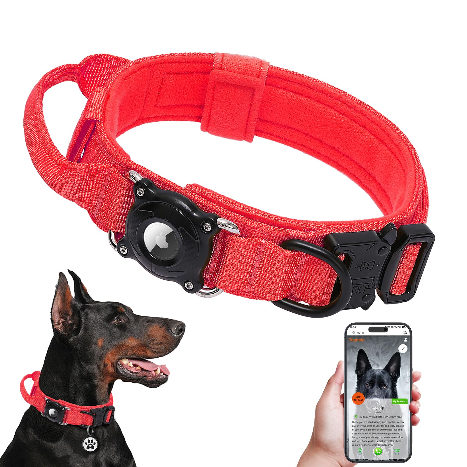 Smart Waterproof AirTag Dog Collar with QR Code ID Tag, Anti-Lost Tactical Dog Collar with Built-in AirTag Holder, Metal Buckle & Control Handle, GPS Tracker Collar for Medium to Large Dogs (Red, L)