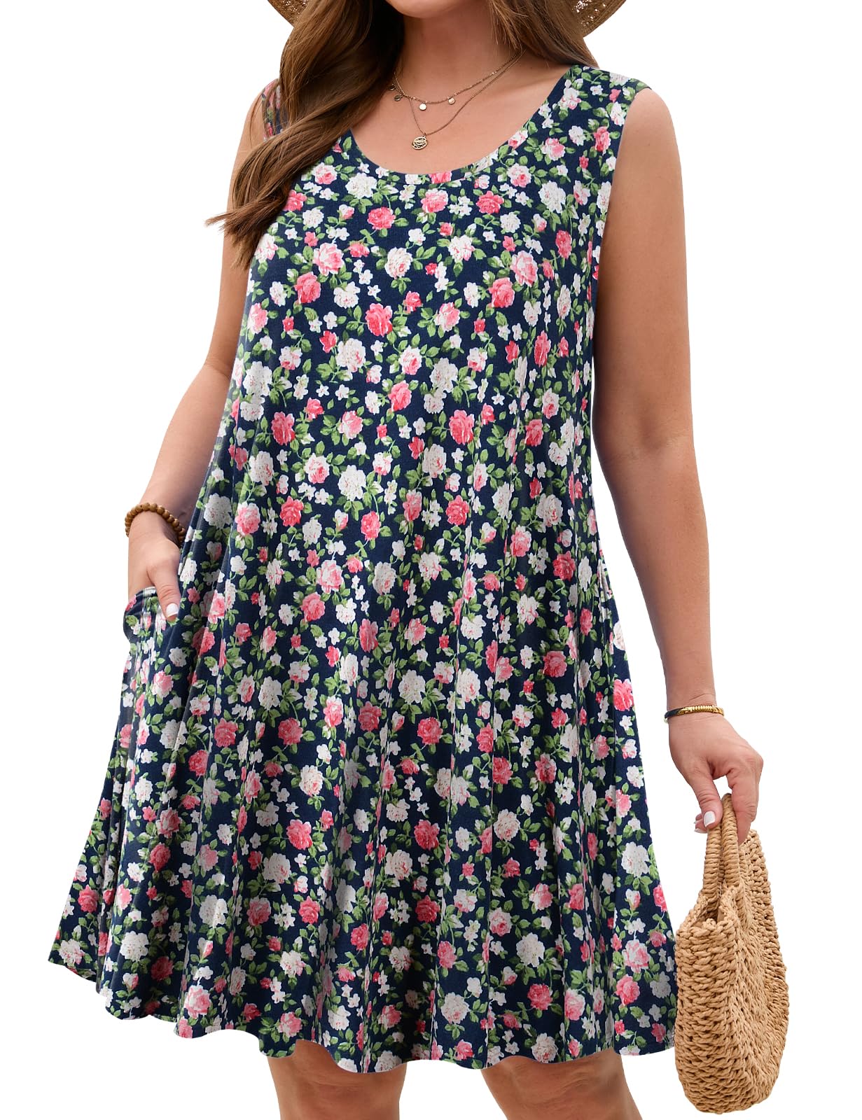 JollieLovin Women Plus Size Curvy Summer Tank Sun Dresses Sleeveless Causal T-Shirt Dress Beach Swing Cover up(L-5X)