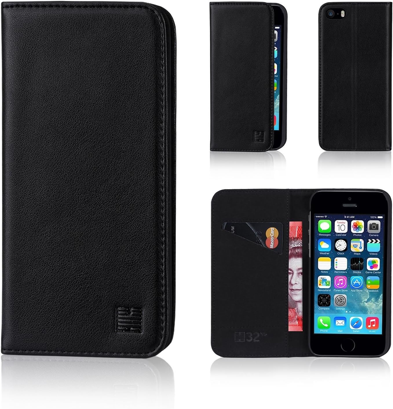 32nd Classic Series - Real Leather Book Wallet Flip Case Cover For Apple iPhone 5, 5S & SE (2016), Real Leather Design With Card Slot, Magnetic Closure and Built In Stand - Black