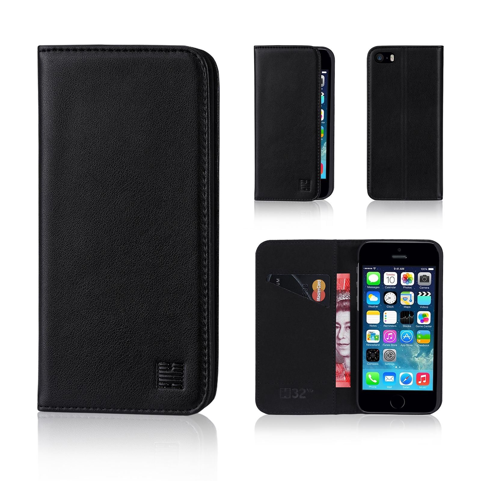 32ndShop 32nd Classic Series - Real Leather Book Wallet Flip Case Cover For Apple iPhone 5, 5S & SE (2016), Real Leather Design With Card Slot, Magnetic Closure and Built In Stand - Black