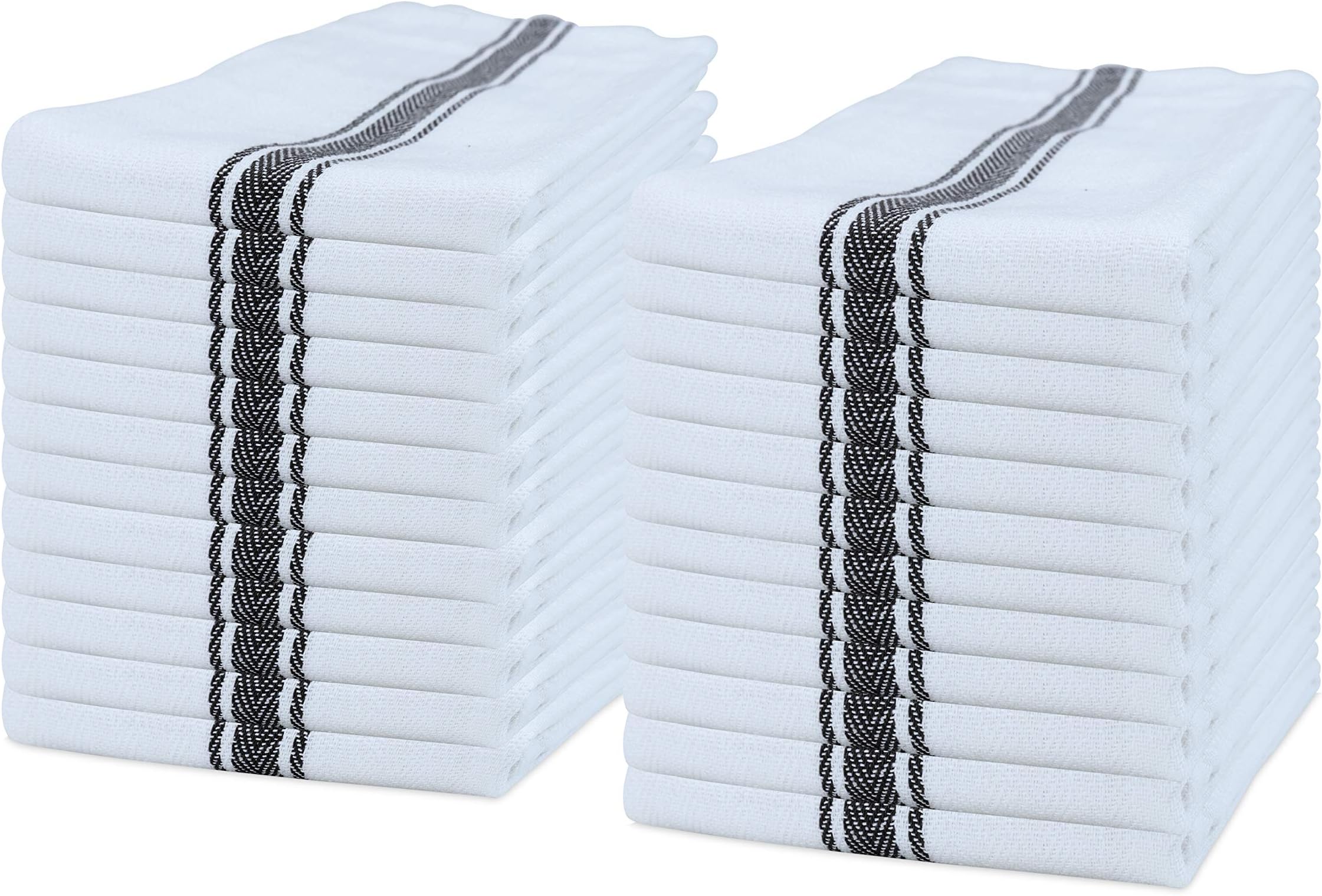 Arkwright Sloppy Chef Herringbone Kitchen Towels with Black Stripes 24 Pack, 100 Percent Cotton Dish Towel, Tea Towels (15 x 25 in.)
