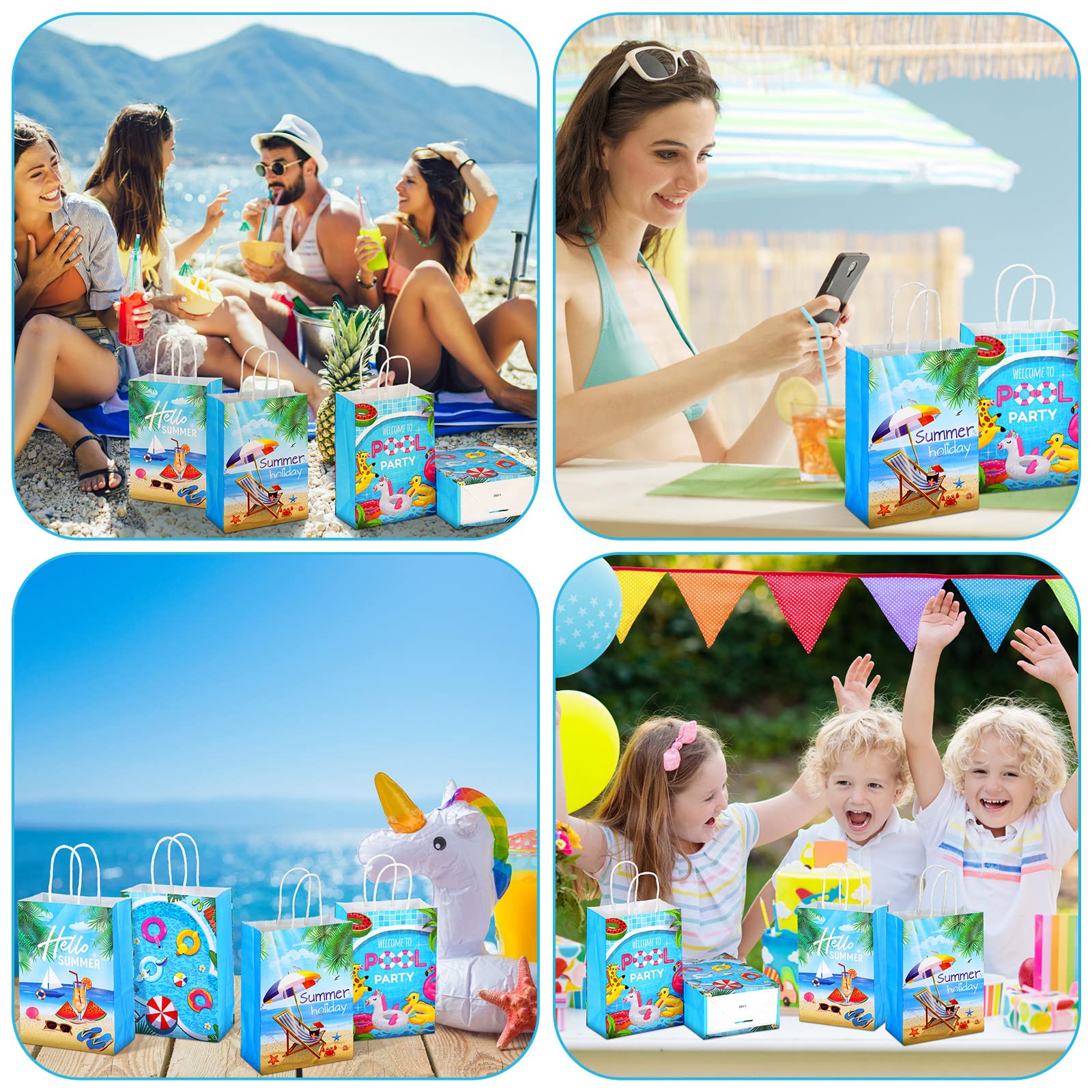 Outus 24 Pieces Summer Pool Party Favors Bags Beach Gift Goodie Paper Bags with Handles Beach Swimming Pool Candy Treat Pouch for Summer Hawaiian Luau Birthday Holiday Party Supplies