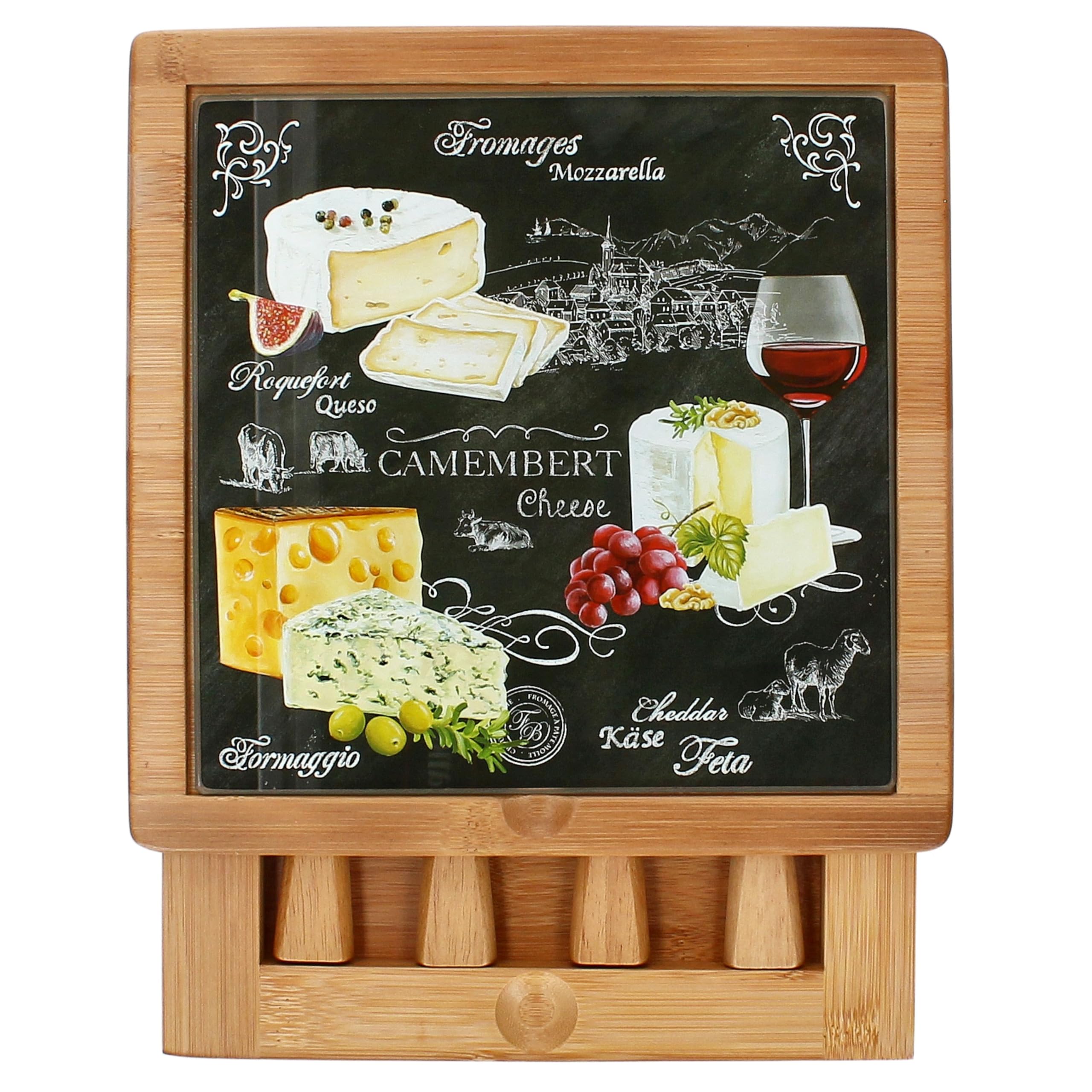 MamboCat World of Cheese Käseplatten Set I dekoriertes Käseschneidebrett aus Bambus-Holz & Glas mit Schublade & 4 Käsemessern I Servierplatte, Geschenkidee
