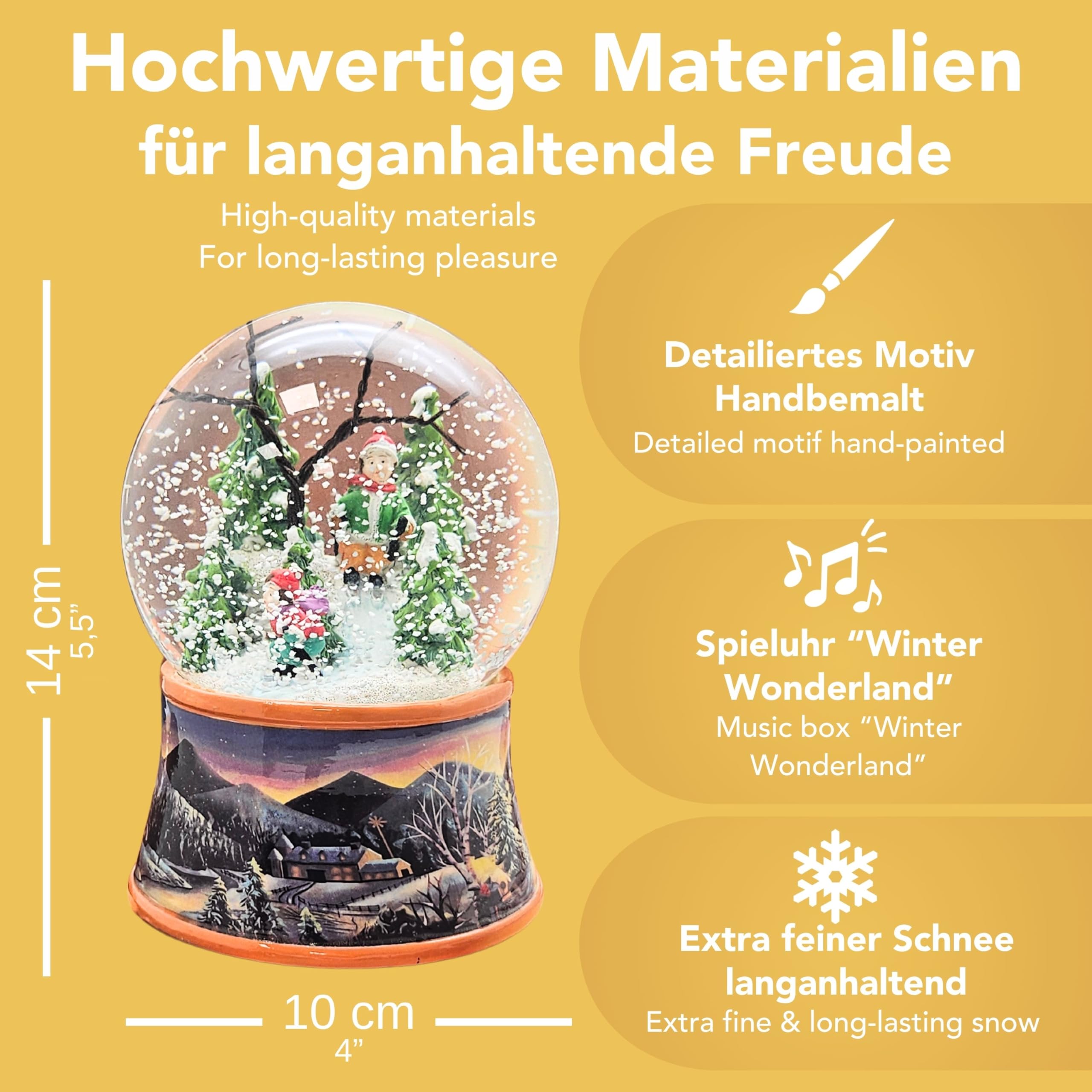 Schneekugel Weihnachten mit Musik | Nostalgische Skifahrer | Sockel Winterlandschaft Ocker| H: 14cm B: 10 cm | Schüttelkugel Wintersport Winter mit Spieluhr | 20275
