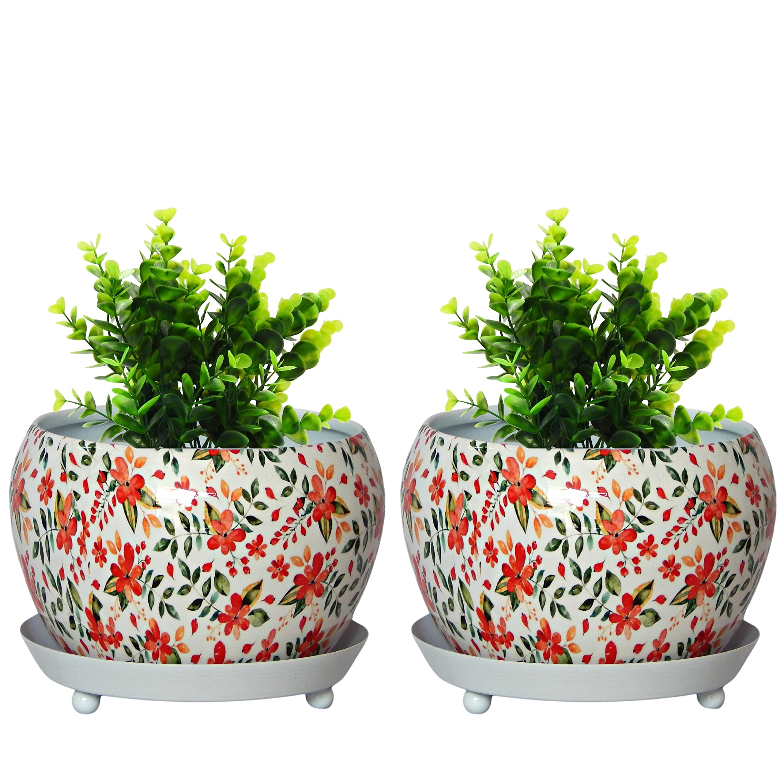 ecofynd 5 inches, Lily Designer Leaf Metal Plant Pot with Saucer Plate | Indoor Outdoor Home Decor Item for Garden Plants Flower, Balcony, Patio, Living Room, Garden, Bedroom (Pack of 2, Floral)