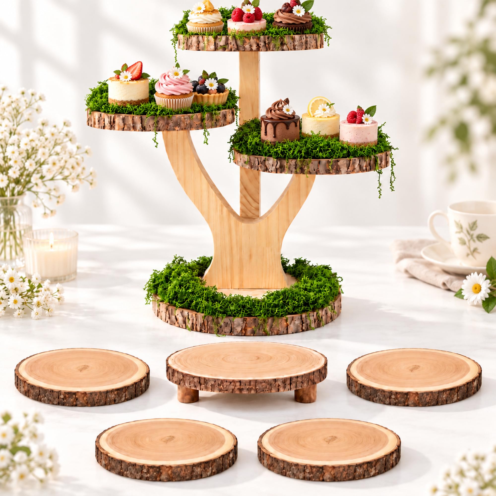 6 Pcs Woodland Cupcake Stand Set 4-tier Rustic Wooden Dessert Display Stand