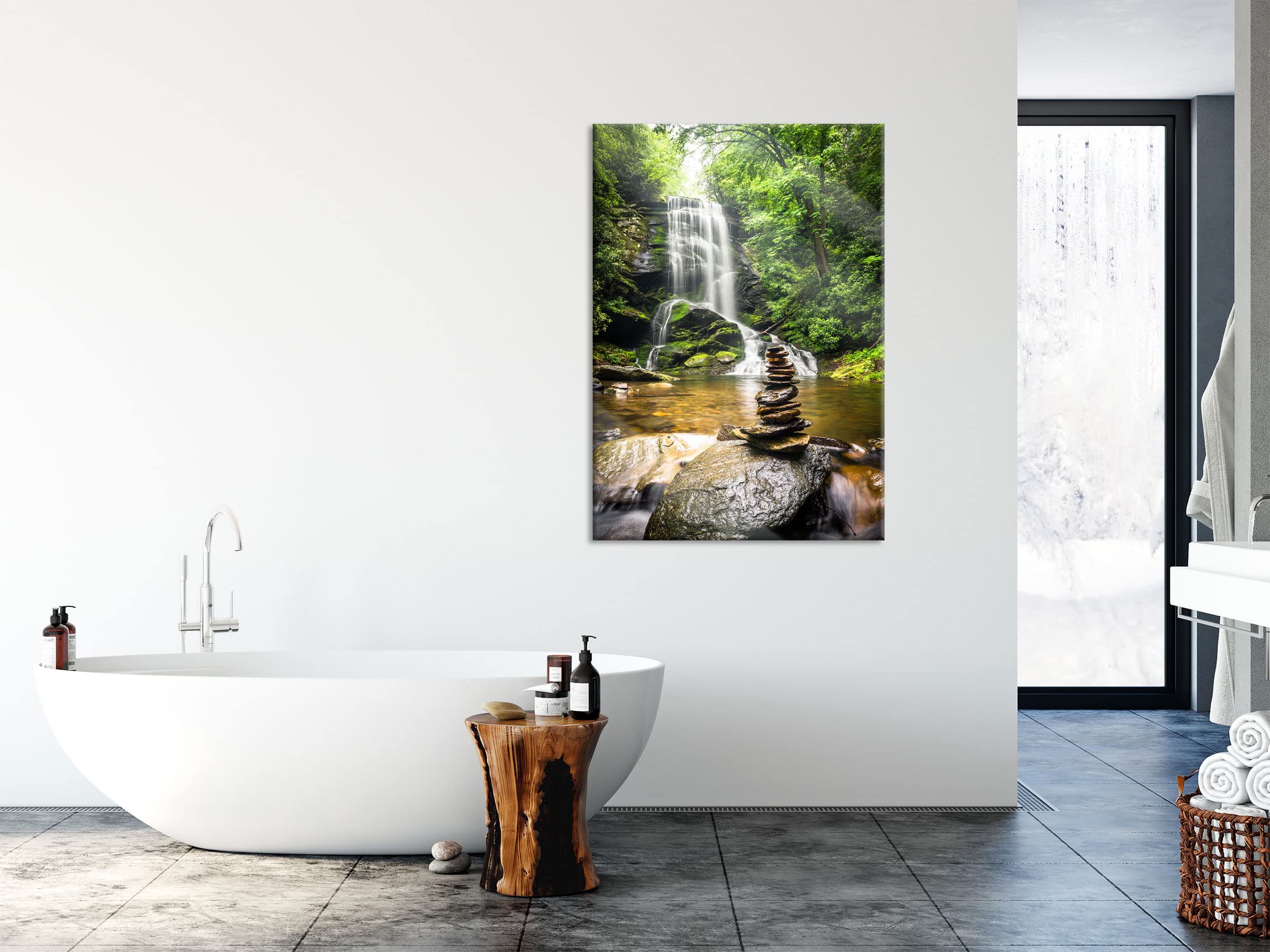 Pixxprint Glasbild, Wandbild aus Echtglas, Zen Steine vor Wasserfall, 40x60 cm, inkl. Aufhängung und Abstandshalter