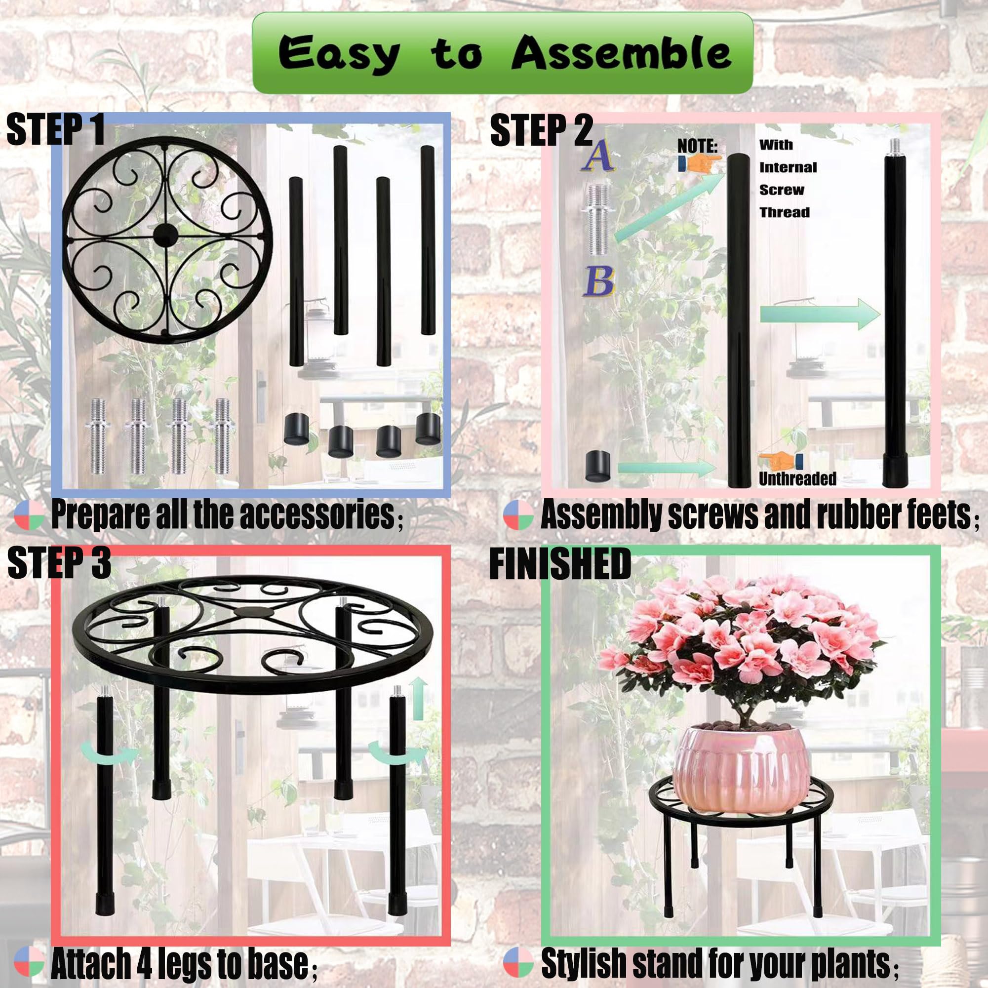 ZEECER Plant Stand Indoor Outdoor Set of 2, Retro Design 10'' Round Metal Plant Rack, Rust-proof Coated - Image 4