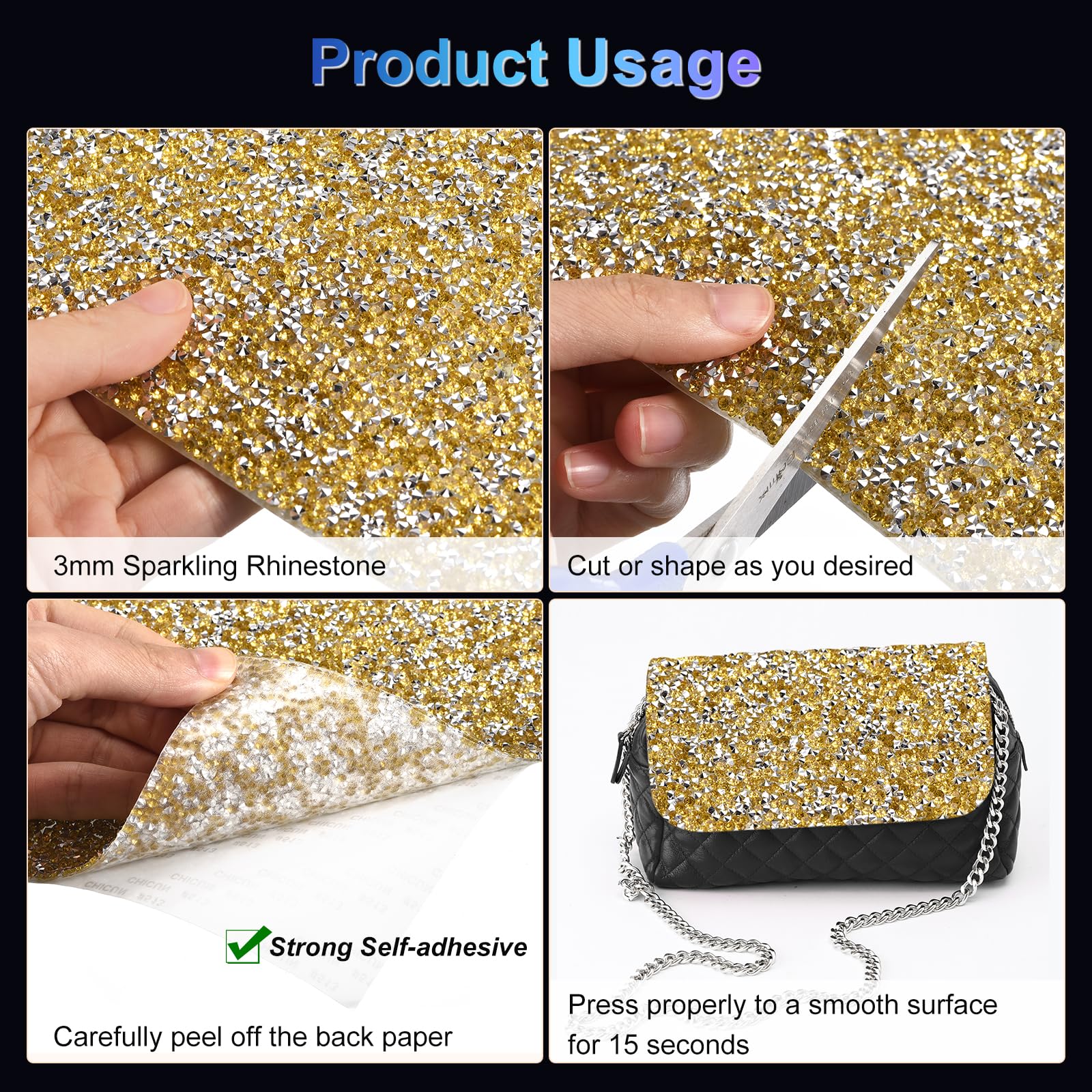 sourcing map Pegatinas de Estrás Brillantes, Pegatinas de Decoración de Resina Autoadhesivas con Lámina de Cristal Brillante Amarillo Plateado para Manualidades y Decoración