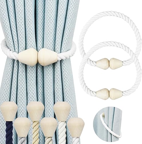 Alzapaños magnéticos para cortinas, paquete de 2 alzapaños de algodón bohemios para cortinas al aire libre, color blanco