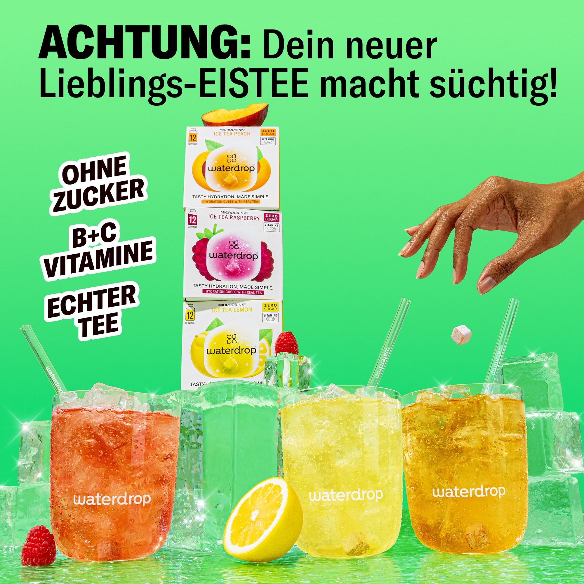 waterdrop® Eistee Mix - 36 Drops Pfirsich, Zitrone & Himbeere - zuckerfreier Durstlöscher & Alternative zu Sirup und Getränkepulver - Ice Tea mit Vitaminen & Schwarzem Tee für Wasser mit Geschmack