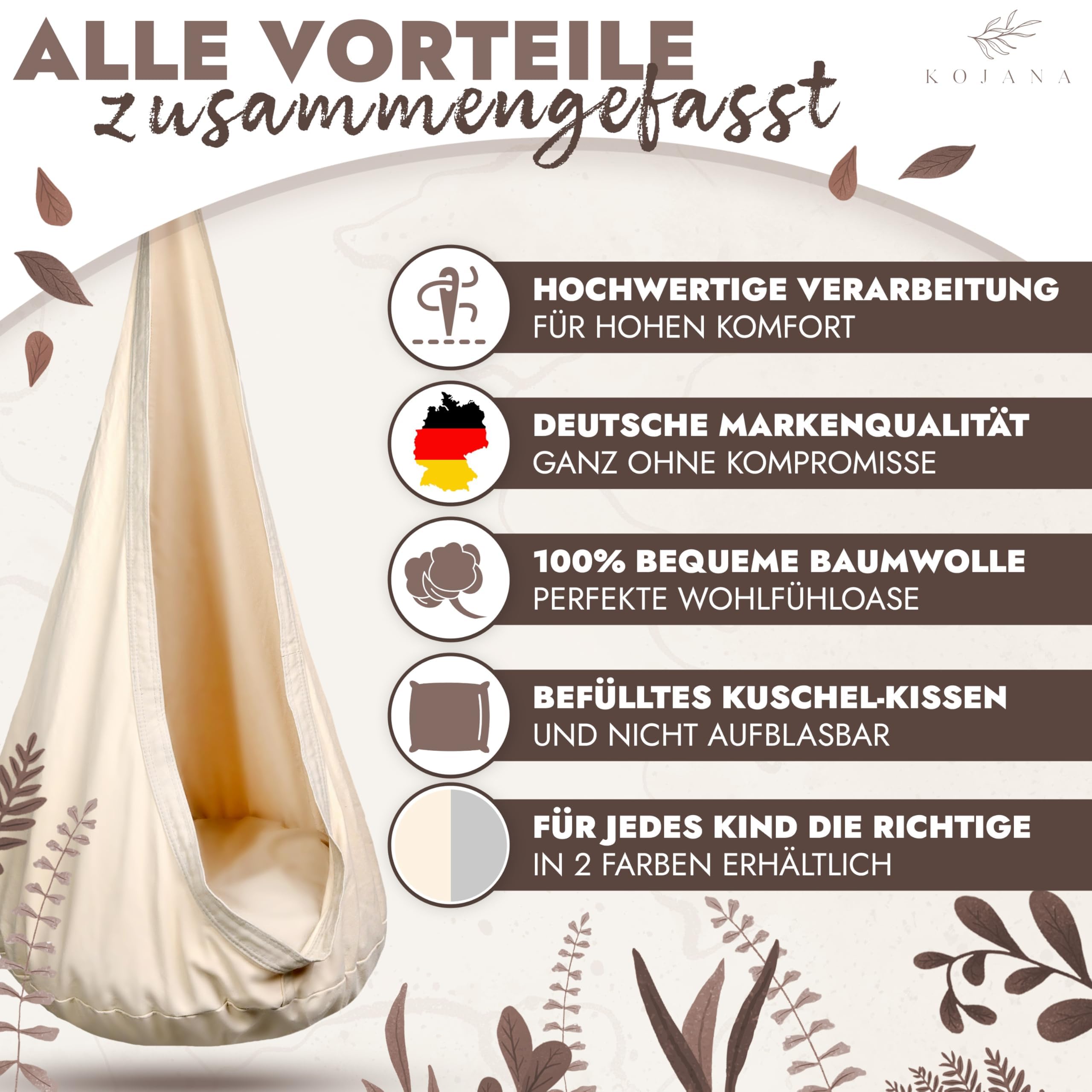 Hängesessel mit Kissen & Innentasche – Weicher textiler Rückzugsort aus 100% Baumwolle- Indoor & Outdoor - 70x150 cm (Beige)