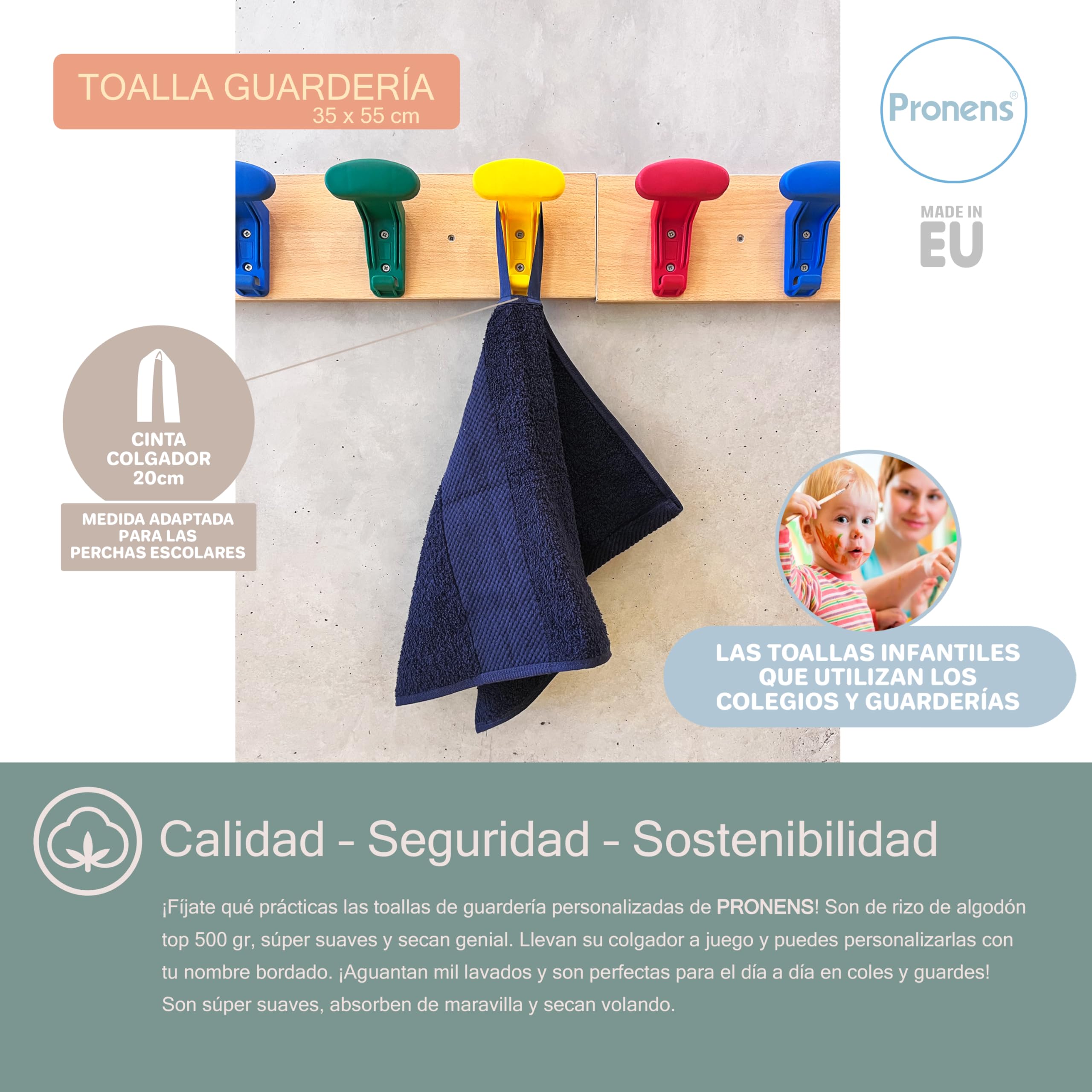 Pack 2 Toallas Guardería con Nombre Bordado Personalizable - Suaves, Absorbentes y Resistentes – 100% algodón – Colgador – Secado Fácil – 30x50cm (Marino)