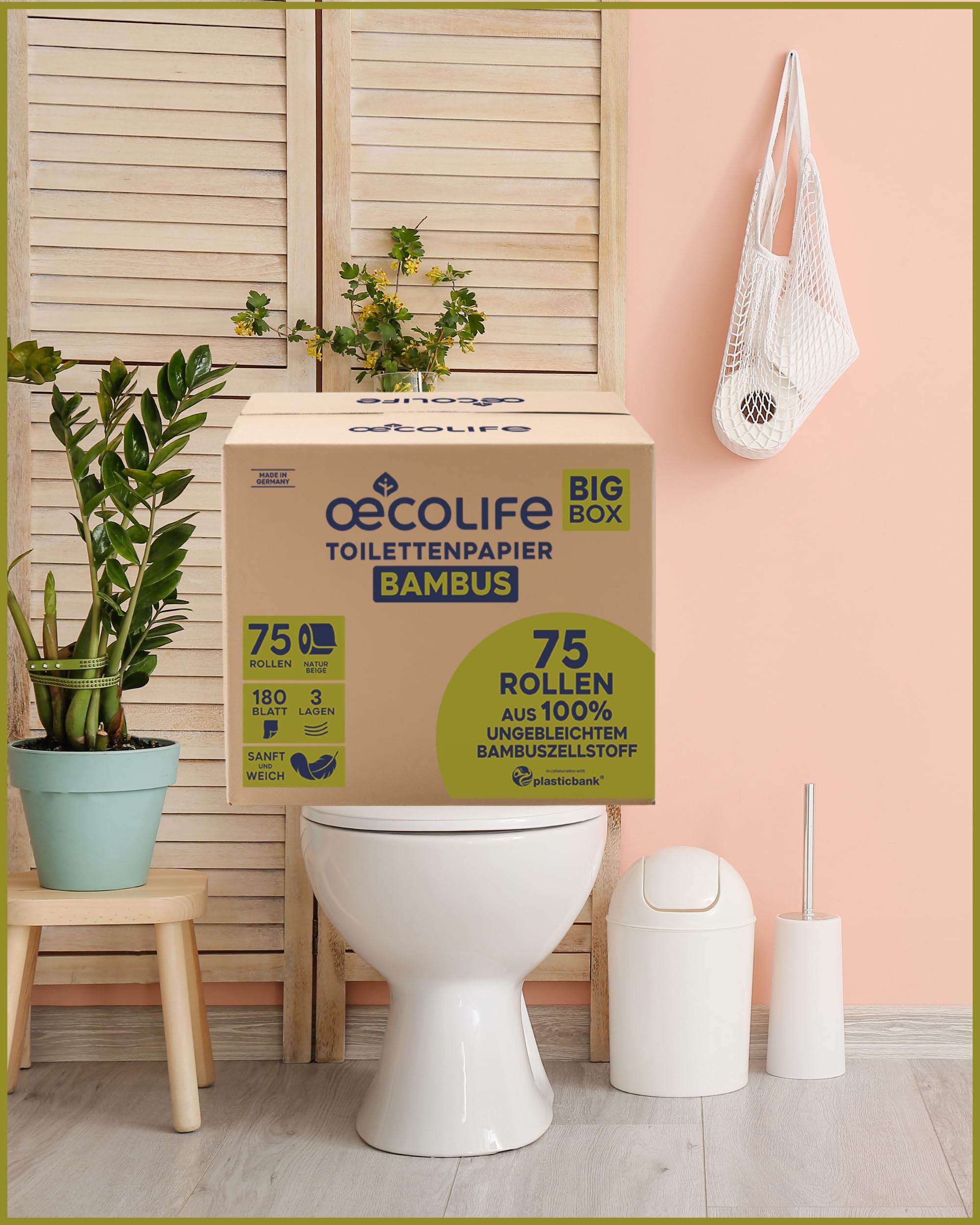 œcolife Bambus Toilettenpapier, 75 Rollen, 3-lagig, Ungebleicht in natürlichem Beige, 180 Blatt pro Rolle, Frei von Kolophonium & Chlor, Nachhaltig & Plastikfrei verpackt | ohne Kolophonium