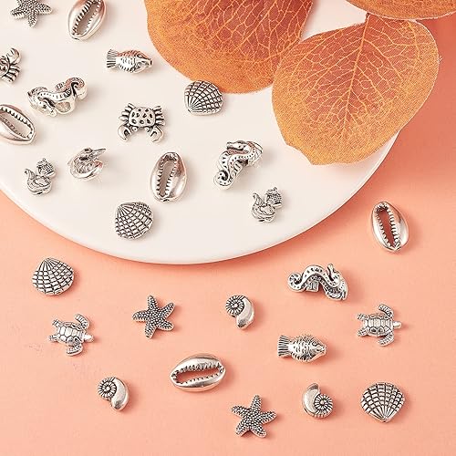 Miniatura 6 de LiQunSweet 50 cuentas temáticas marinas de 10 estilos, conchas de aleación de metal, conchas, peces de mar, tortugas, sirenas, delfines, caballitos