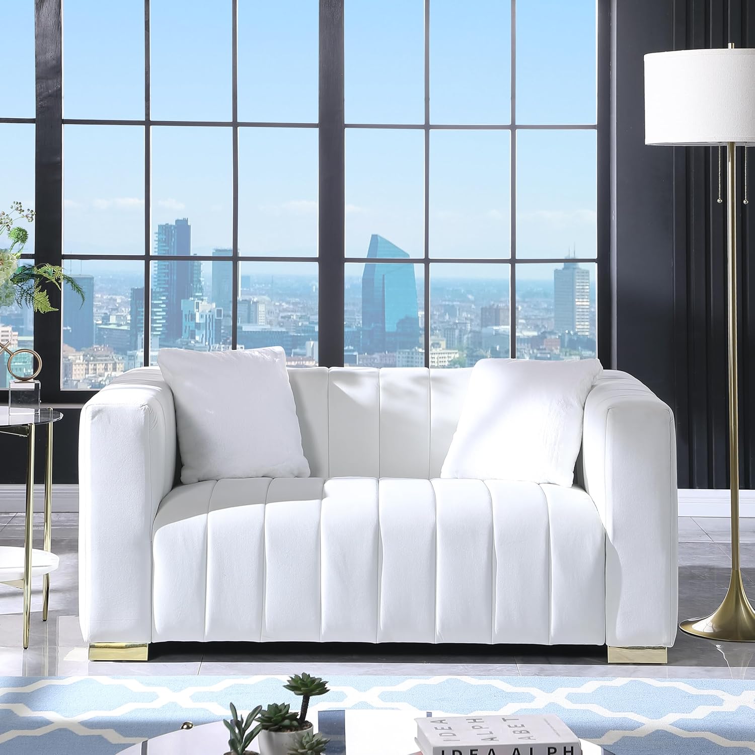 WILLIAMSPACE 62" Modern Loveseat Sofa for Living Room, Mid Century 2-Seater Velvet Chesterfield Sofa, Upholstered Couch with Gold Leg&Pillows for Apartment, Office, Small Space - White