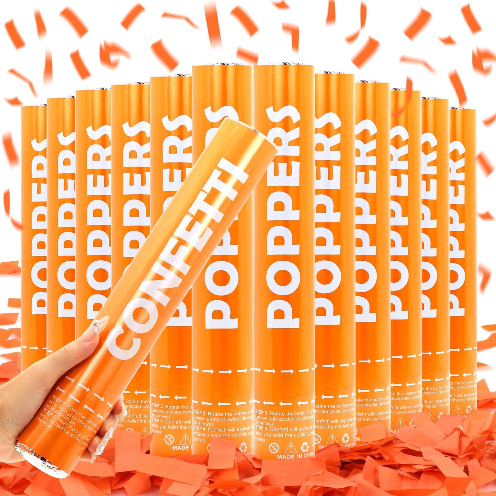 Confetti Cannon Orange 12Pack Party Popper Shooters 12 Inch Confftti Cannnons Launches 20-25ft Biodegradable Confftti Poppers forBirthday,Wedding,Graduation, New Years Eve Celebration