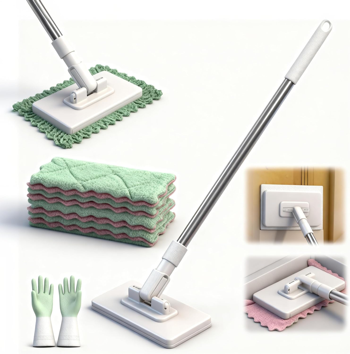 Mopa Desechable para Polvo, Mini Sweeper Mop, 360° Spin Flat Dust Mop Fits Dry/Wet Pads, Touch-Free Dirt, Disposable Dust Mop with 4 Reusable Cloths for Cleaning Tiles, Hardwood Floors and Walls