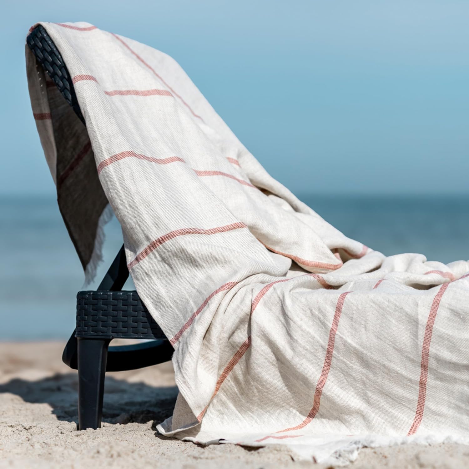 Eden 100% Linen Blanket – Premium European Woven Throw – Extra Large 45x78 in – Multi-Purpose Beach Towel, Sofa Throw, Summer Plaid – Lightweight, Softened, Striped – Made in Europe (Ecru/Brown)