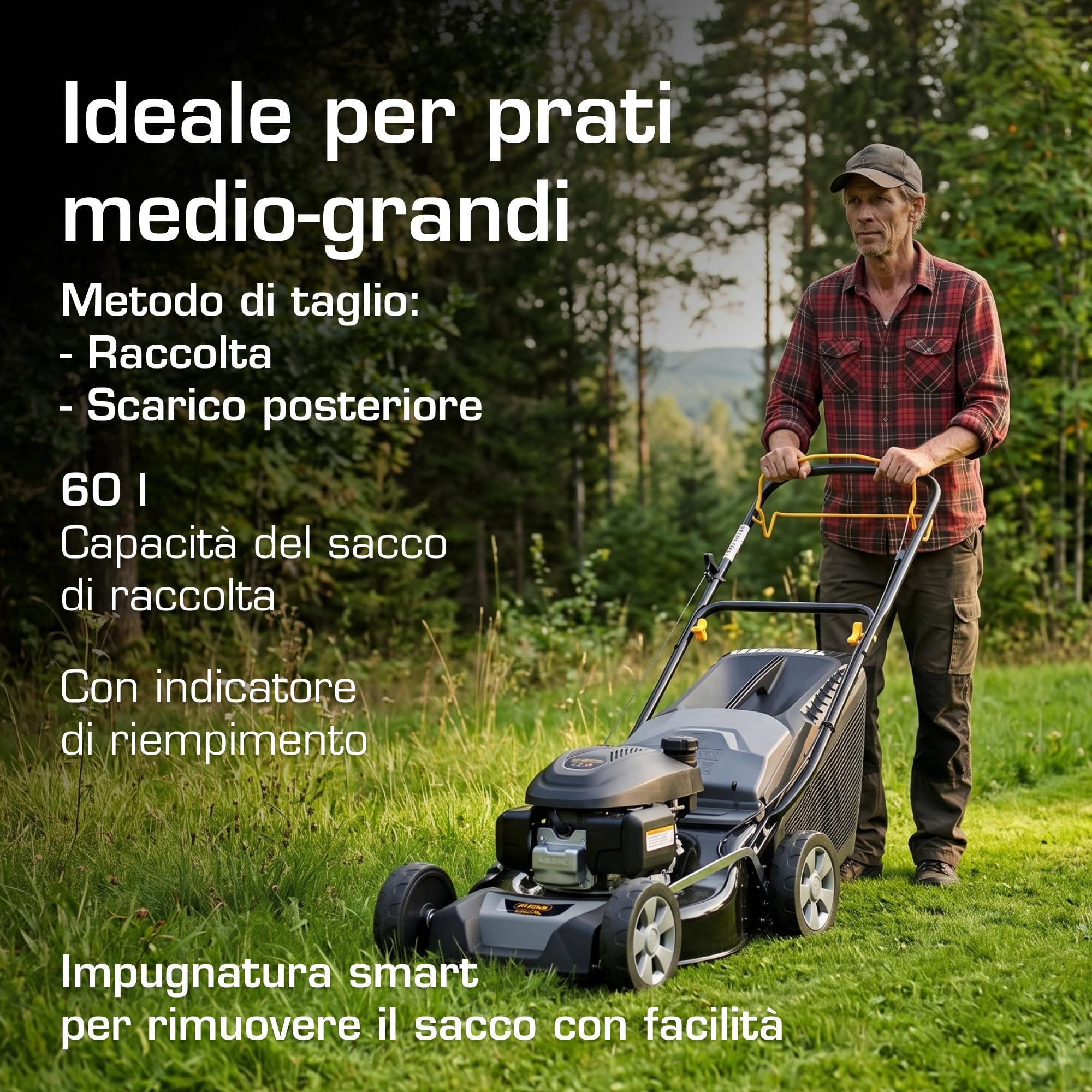 Alpina AL4 46 SH Tagliaerba Semovente, 145 cc, 46 cm – Sacco 60 l, Regolazione Centralizzata 6 Pos. – Prati fino a 1.200 m²
