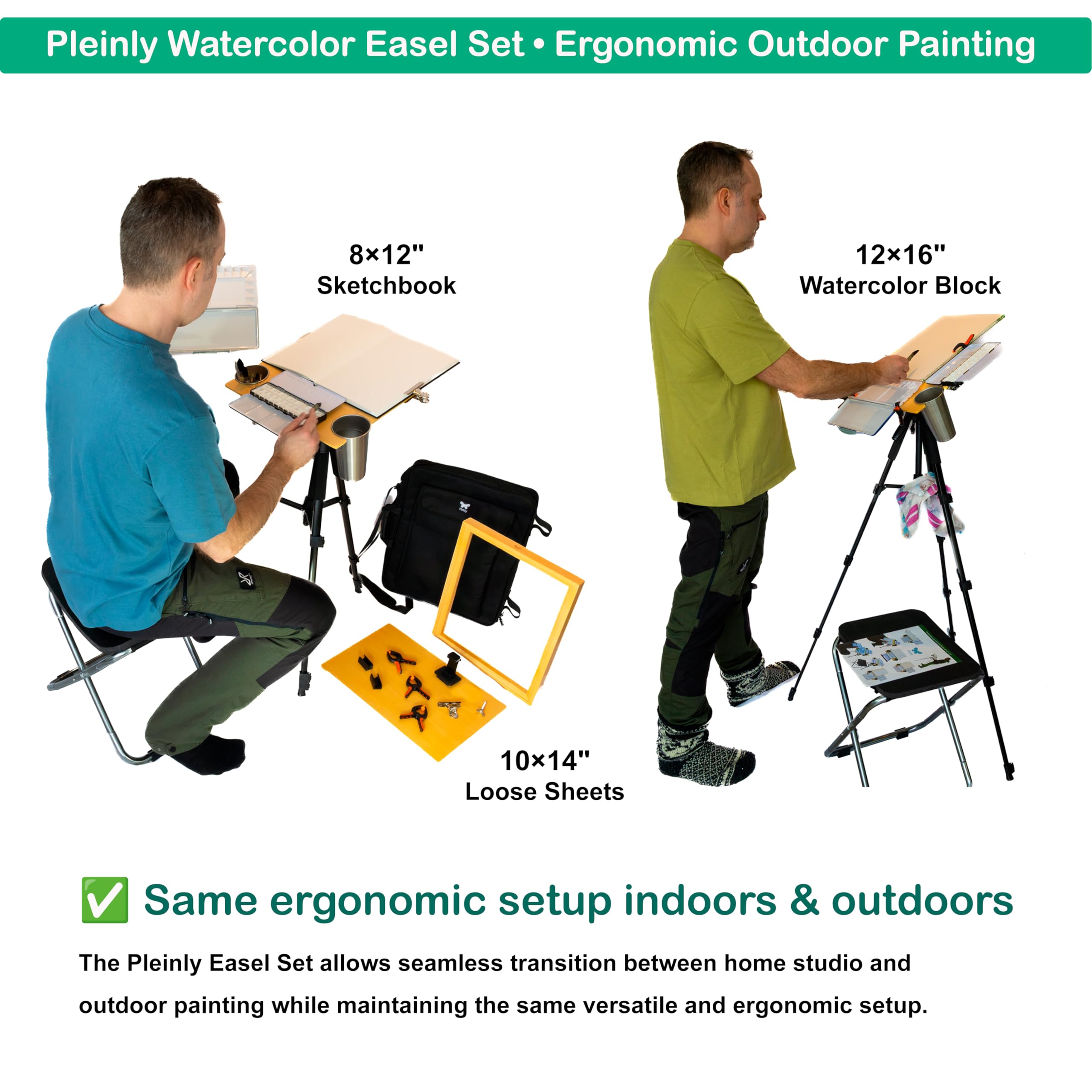 Plein Air - Cavalletto portatile ad acquerello, con zaino BP-70, supporto per pannello bagnato in legno, treppiede e sgabello pieghevole, album da disegno in 100% cotone, 2 tavolozze, tazze