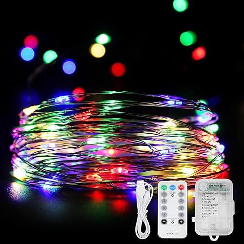 Guirnalda de luces LED de 120 LED (2 unidades de 60 LED), funciona con pilas, temporizador de control remoto, luces parpadeantes, 8 modos de luces