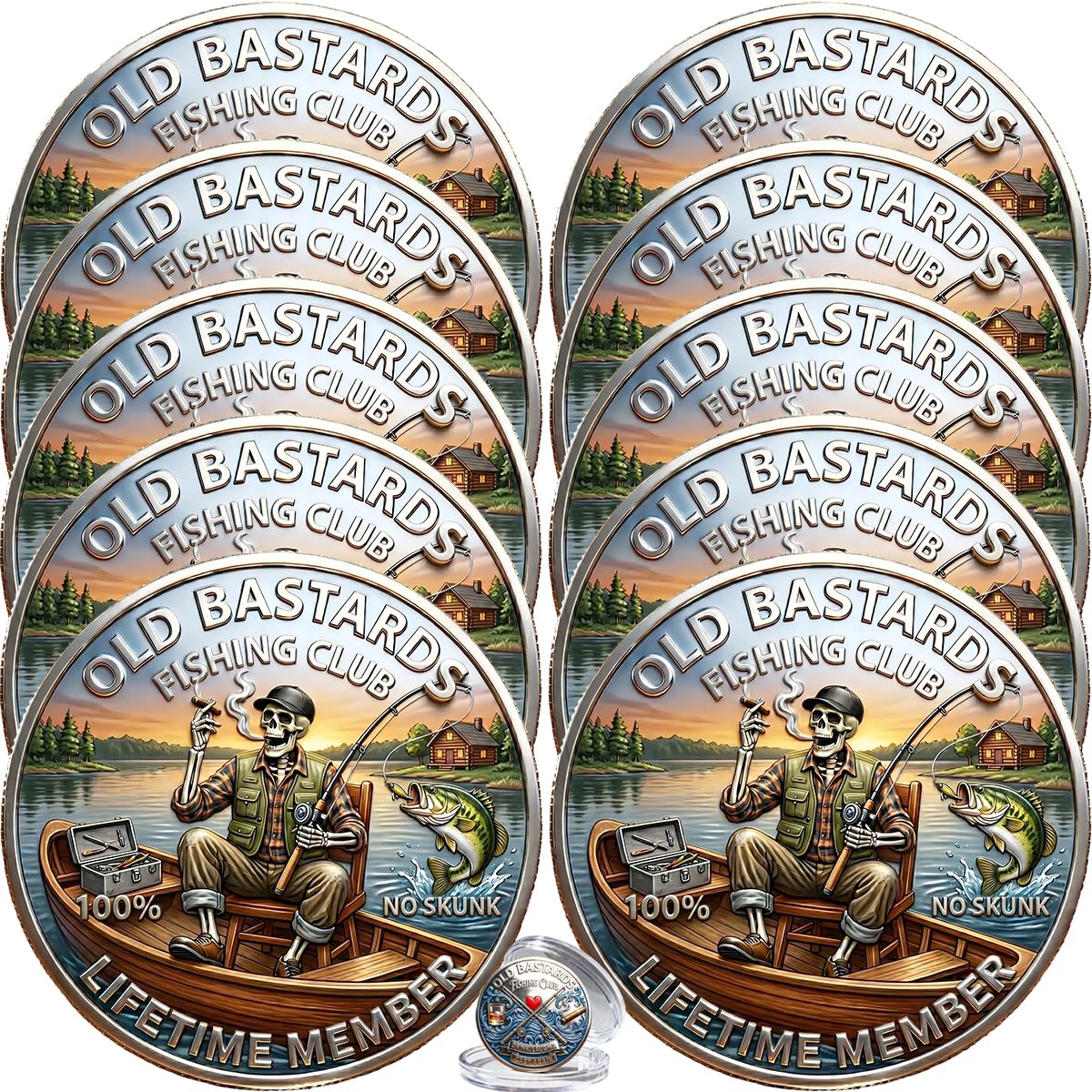 The Eternal Fisherman’s Challenge Coin, Old Bastards Fishing Club No Skunk Challenge Coin, Funny Whiskey Cigar Fishing Commemorative Coin, Fishing Humor Gift for Fishermen Men Friends (10PCS)