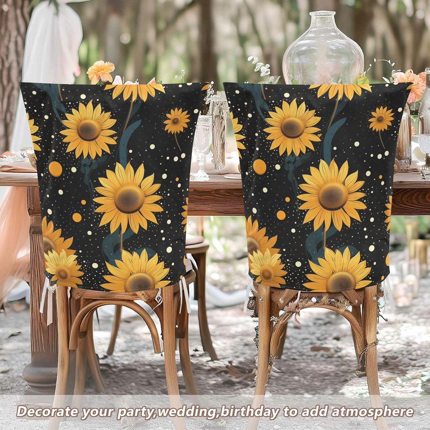 ALAZA Yellow Sunflowers Dots on Black Chair Back Cover Set of 6, Washable Reusable Removable Chair Slipcovers Decorative Chair Cover for Home Kitchen Wedding Party