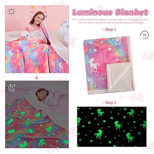 Miniatura 3 de QSTEHEML Manta de unicornio que brilla en la oscuridad, manta de sherpa para niñas de 3, 4, 5, 6, 7, 8, 9, 10, 11, 12 años, manta suave y luminosa