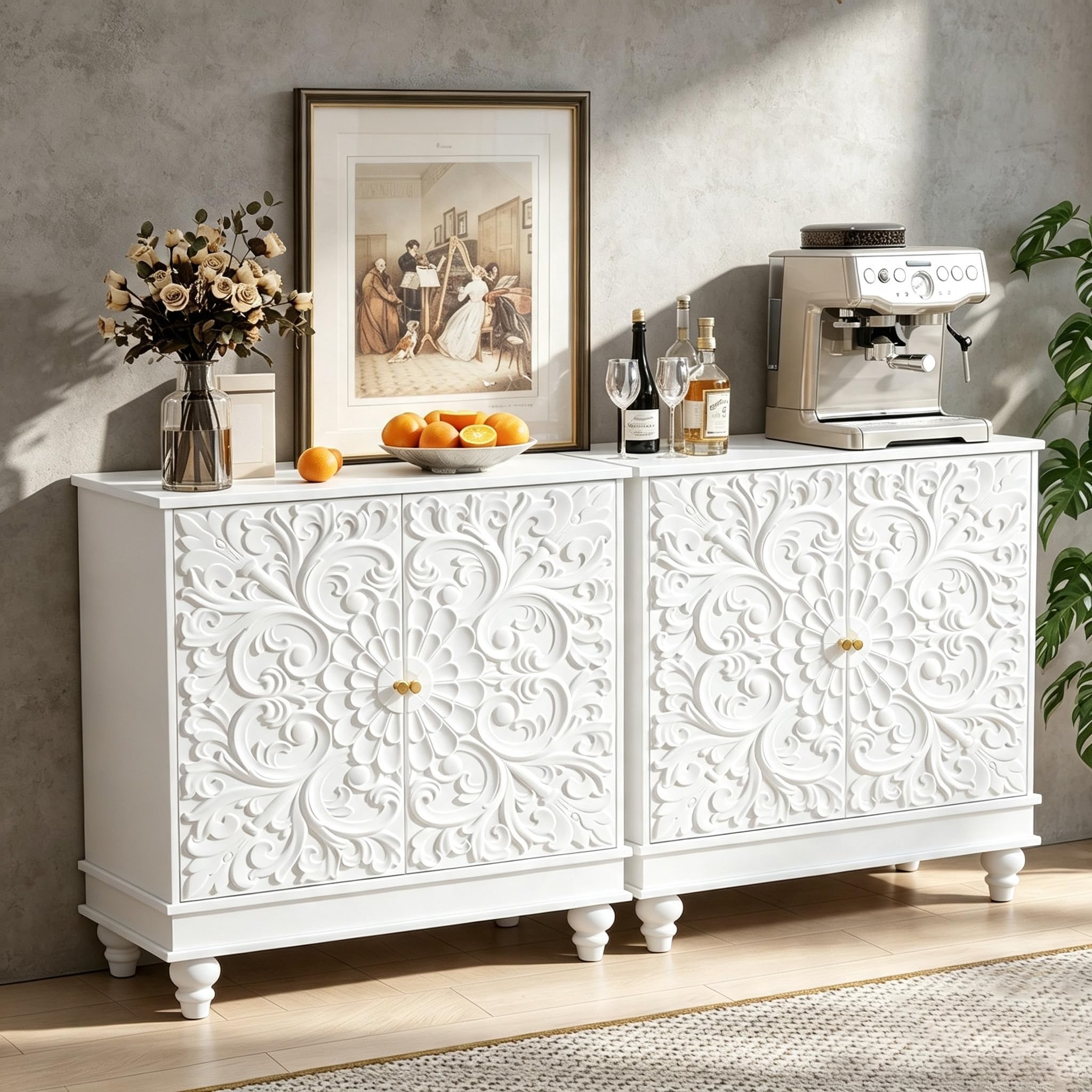 Set of 2 31" Accent Storage Cabinets, Floral Embossed Sideboards (White)