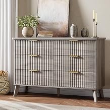 Modern Fluted 6-Drawer Dresser Curved Profile, Gold Handles Storage Organizer, Deep Drawers Cabinet, Versatile Wooden Storage Chest for Bedroom, Living Room, Kids Room