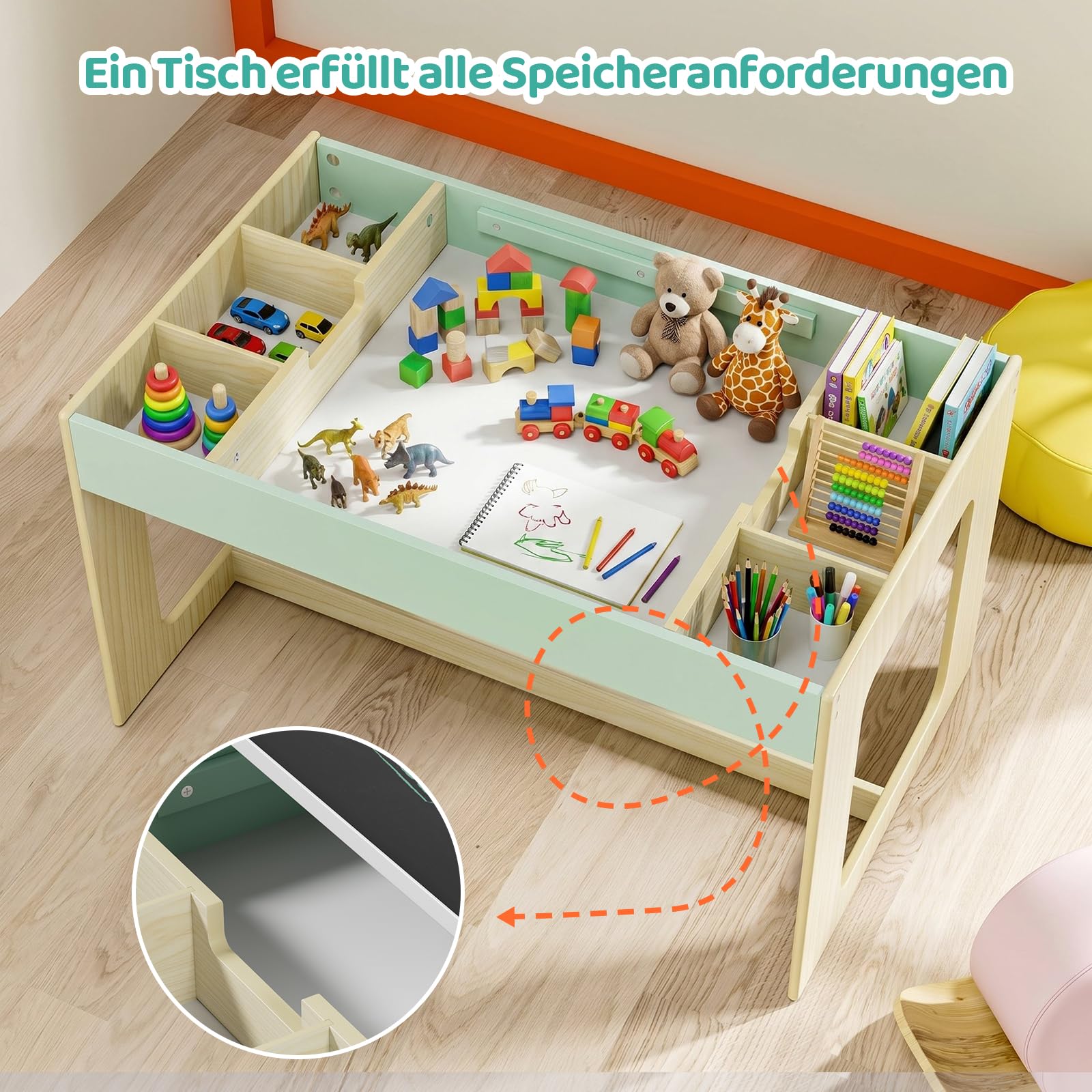 MAMIZO Table Enfant avec Rangement, Table Enfant en Bois avec 2 Chaises, avec Plateau de Réversible, pour la Garderie l'école, Dessiner Jouer, Bureau pour 3 Ans +, Couleur de Bois avec Vert