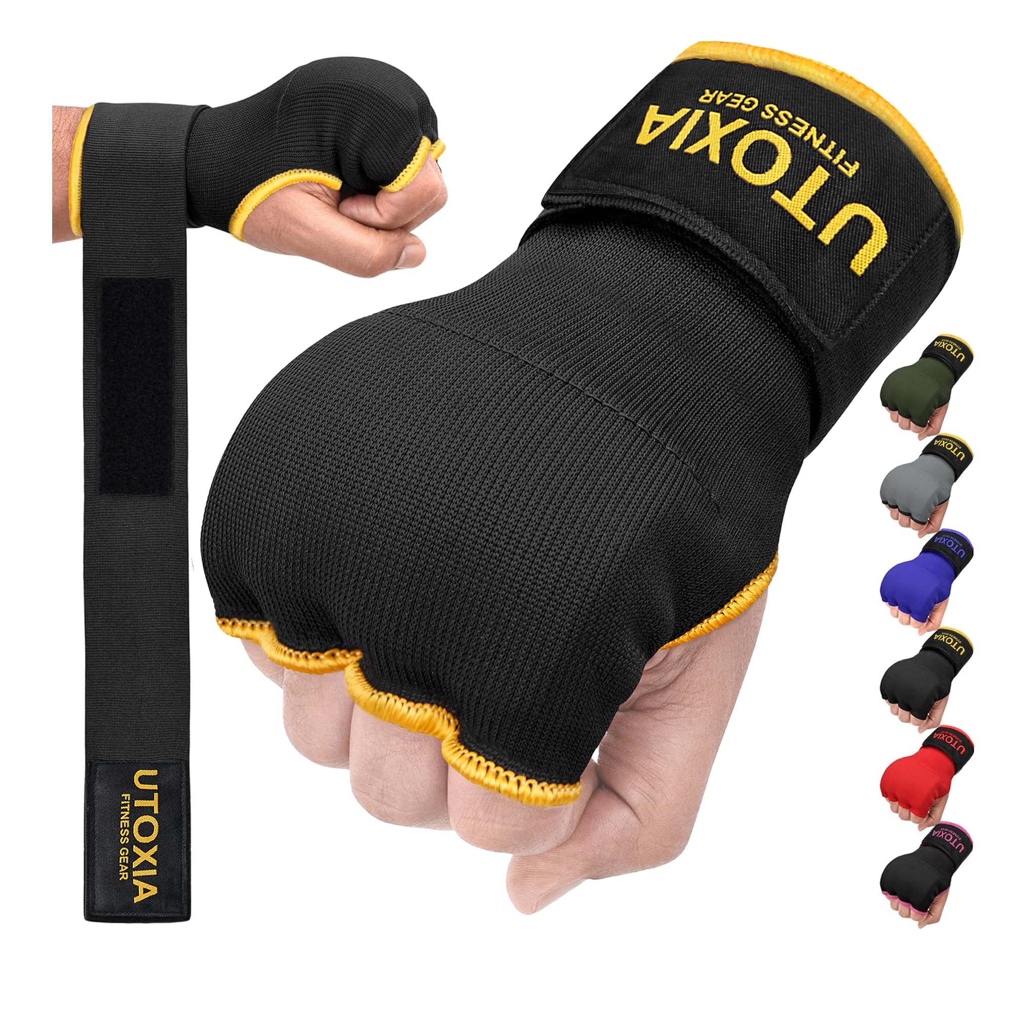 UTOXIA Boxing Hand Wraps Inner Gel Gloves for Men & Women | Quick Wrap Hand Wrist Strap | Padded Knuckle Protection for MMA, Muay Thai & Punching Training (Black, L)