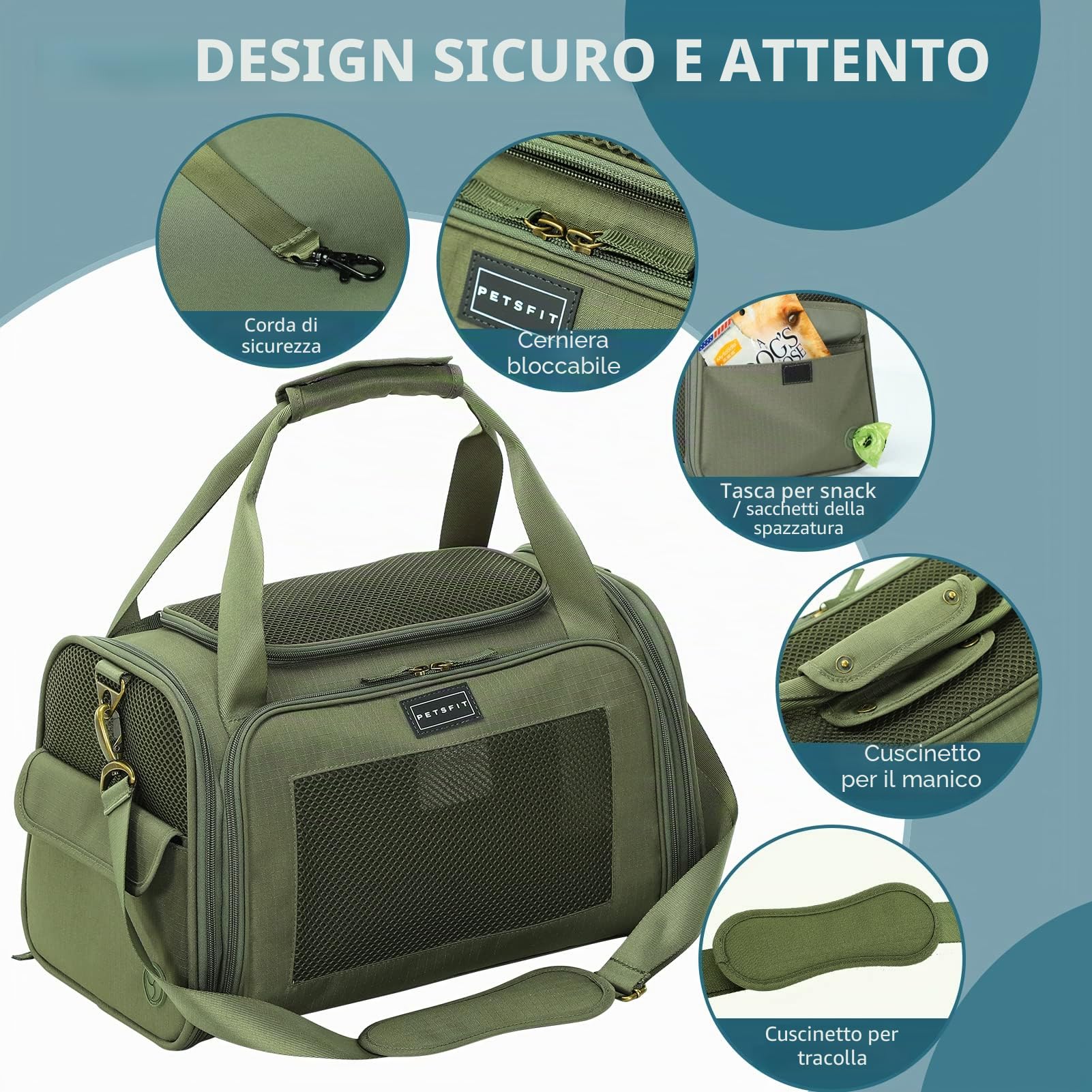 Petsfit Trasportino per Gatti Grande, Trasportino per Cani Piccolo e Grande con Materassino Morbido Espandibile, Borsa da Trasporto Pieghevole Approvata per Compagnie Aeree con Ventilazione in Tessuto