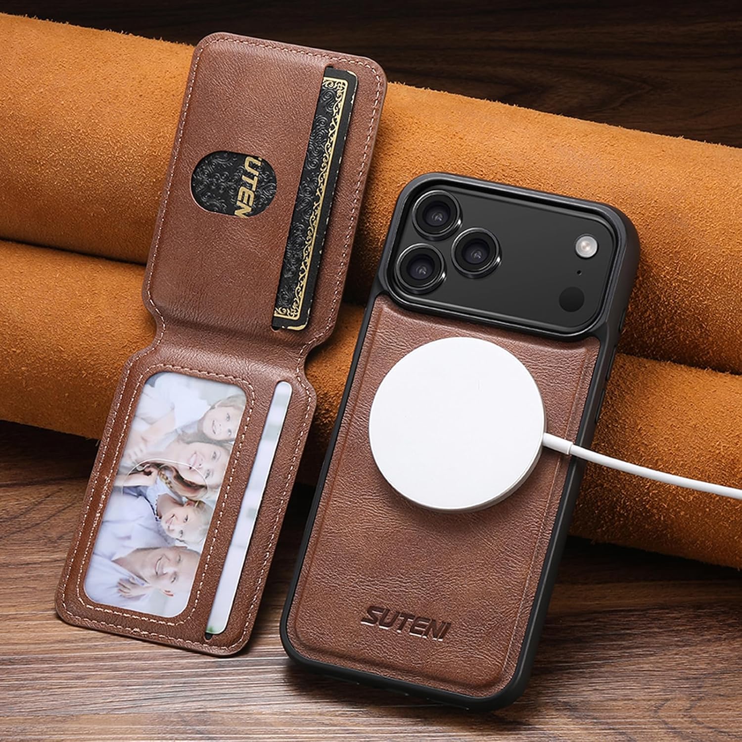 Compatible with MagSafe iPhone 17 Air Case Wallet,2 in 1 Leather Magnetic Detachable Credit Card Holder Flip Cover Kickstand Shockproof for Men Women Military Protection Phone Cover,Brown