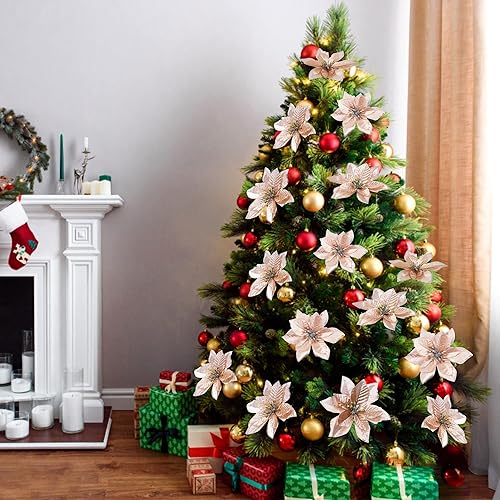 Miniatura 7 de 26 flores de Pascua de Navidad, flores artificiales de 5 pulgadas, corona de Navidad, adornos de árbol de Navidad para decoraciones de Navidad (oro