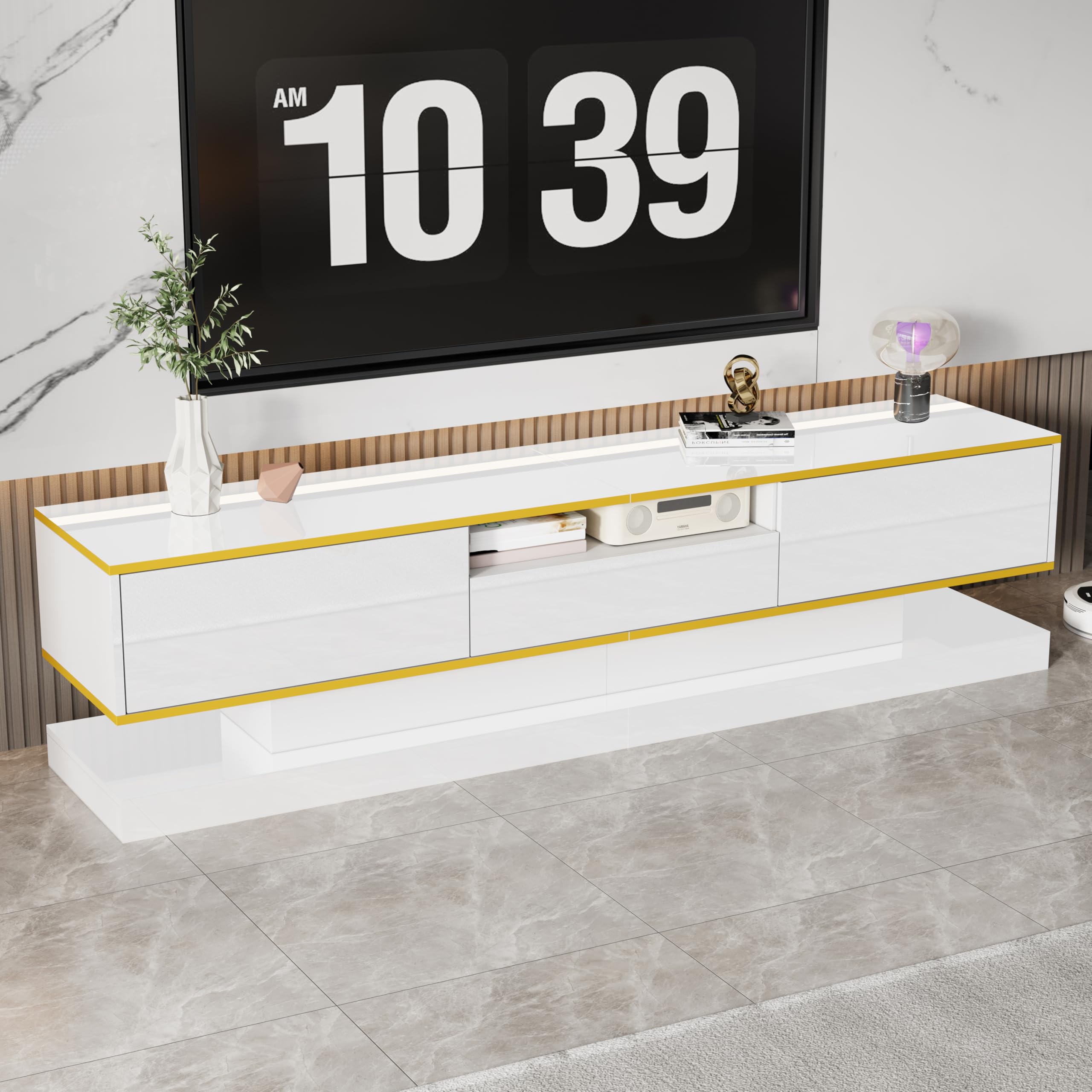 TV Schrank Länge 180 cm für Fernseher bis zu 75 Zoll, Lowboard mit Farbwechselnden LED Leuchten und 3 Schubladen, Fernsehschrank mit 1 Offenen Fach, Wohnzimmer Möbel TV Board, Weiß