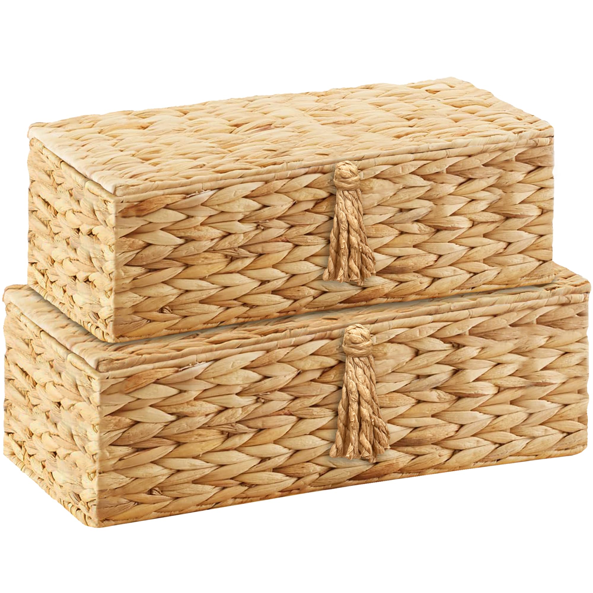 Vagusicc Storage Boxes with Lids, Handwoven Set of 2 Water Hyacinth Storage Baskets, Nesting Woven Baskets for Shelves, Wicker baskets for storage | Shelf Hamper Organiser for Bathroom (Large+Small)
