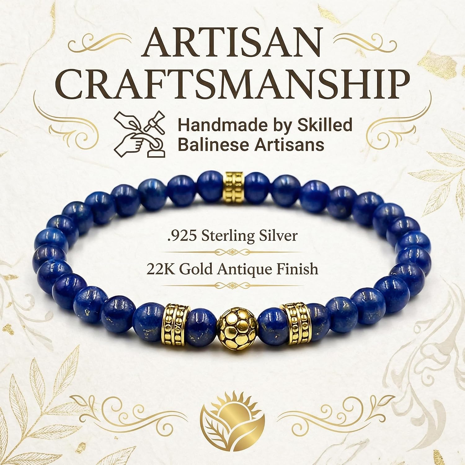 Kartini Studio Lapis Lazuli and Gold Bracelet, Men's Lapis Lazuli Bracelet, Quality Bead Jewelry for Man